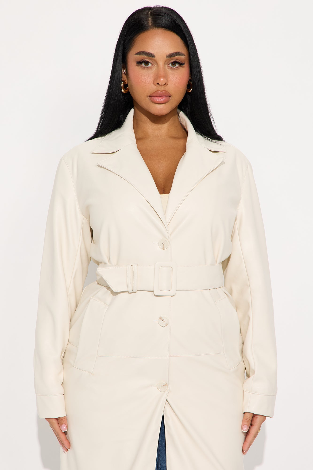 Camila Belted Faux Leather Trench - Ivory