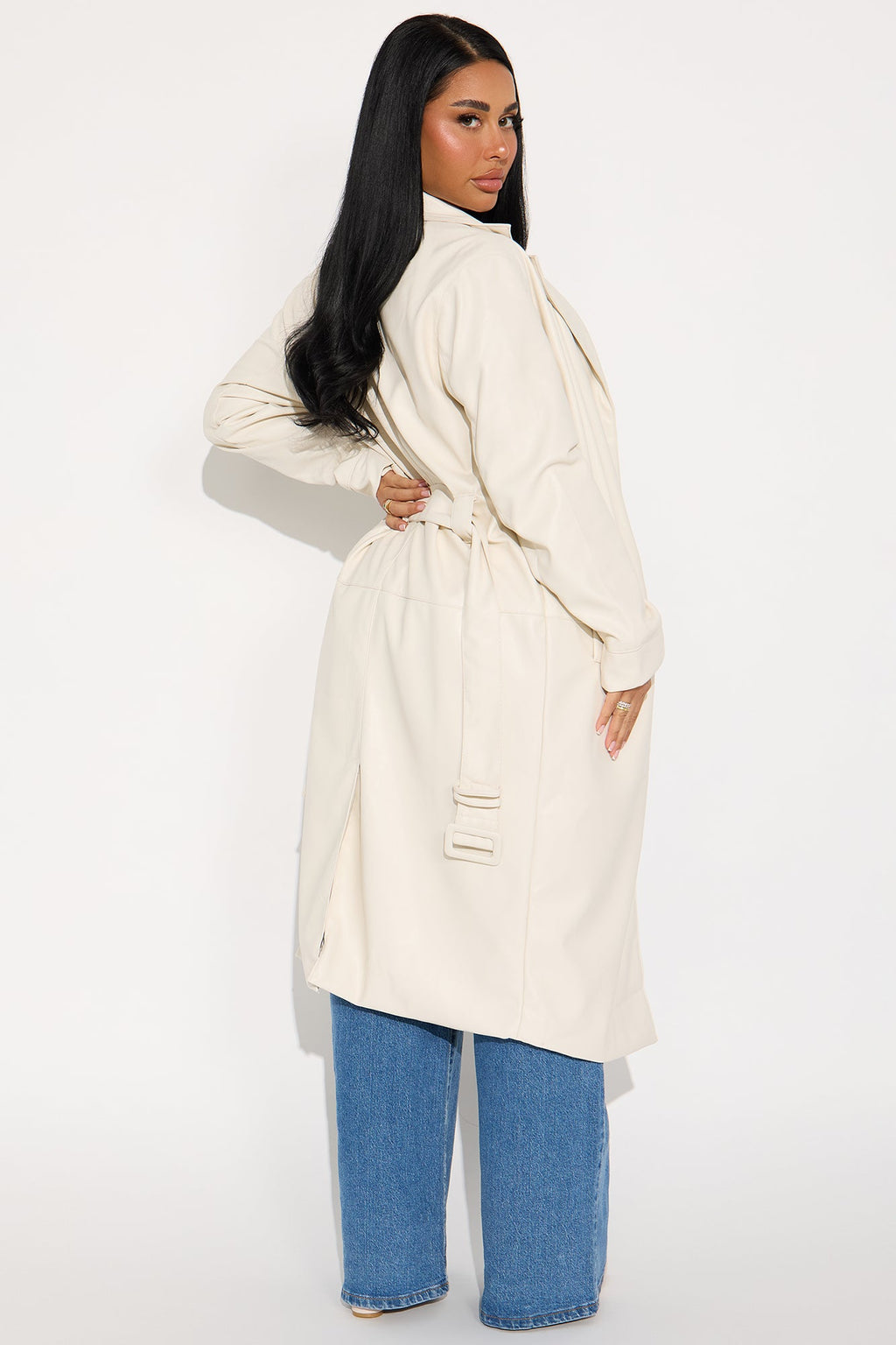 Camila Belted Faux Leather Trench - Ivory