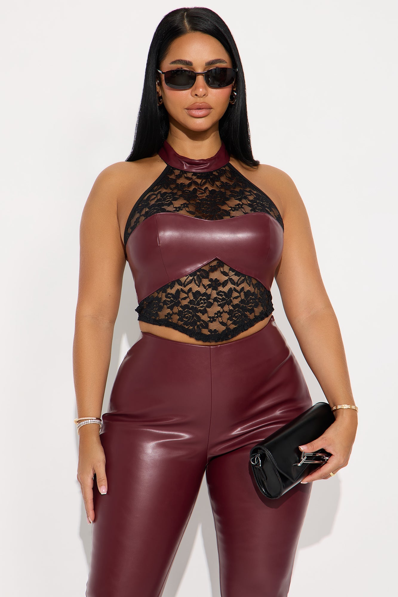 Flirt For Fun Faux Leather Pant Set - Burgundy/combo