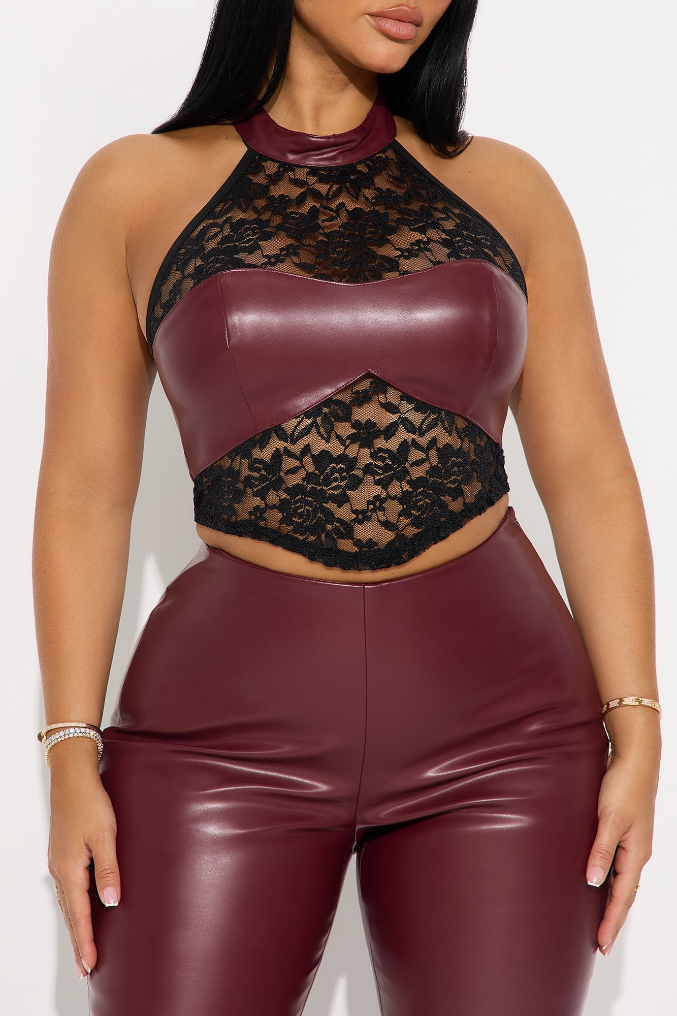 Flirt For Fun Faux Leather Pant Set - Burgundy/combo