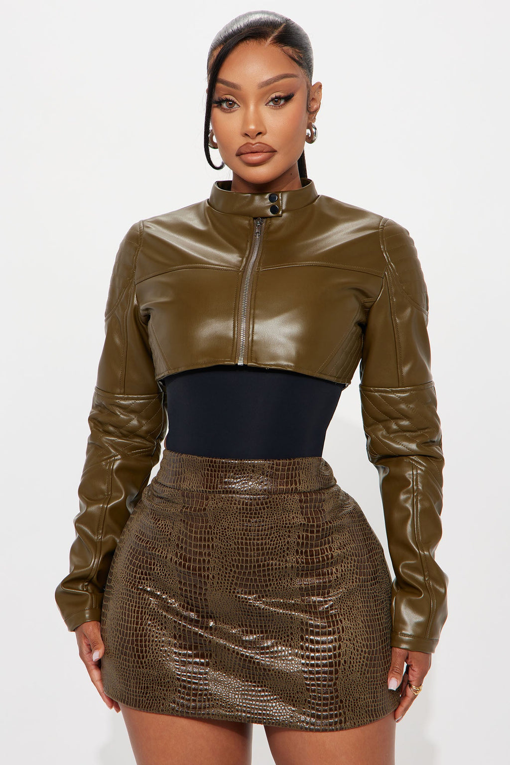 Biker Club Faux Leather Jacket - Olive