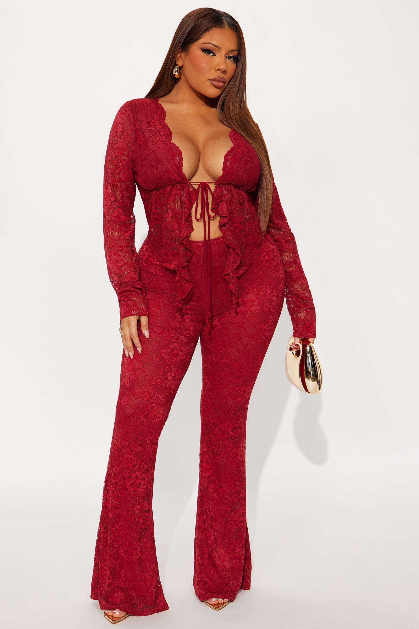 Brielle Lace Pant Set - Burgundy