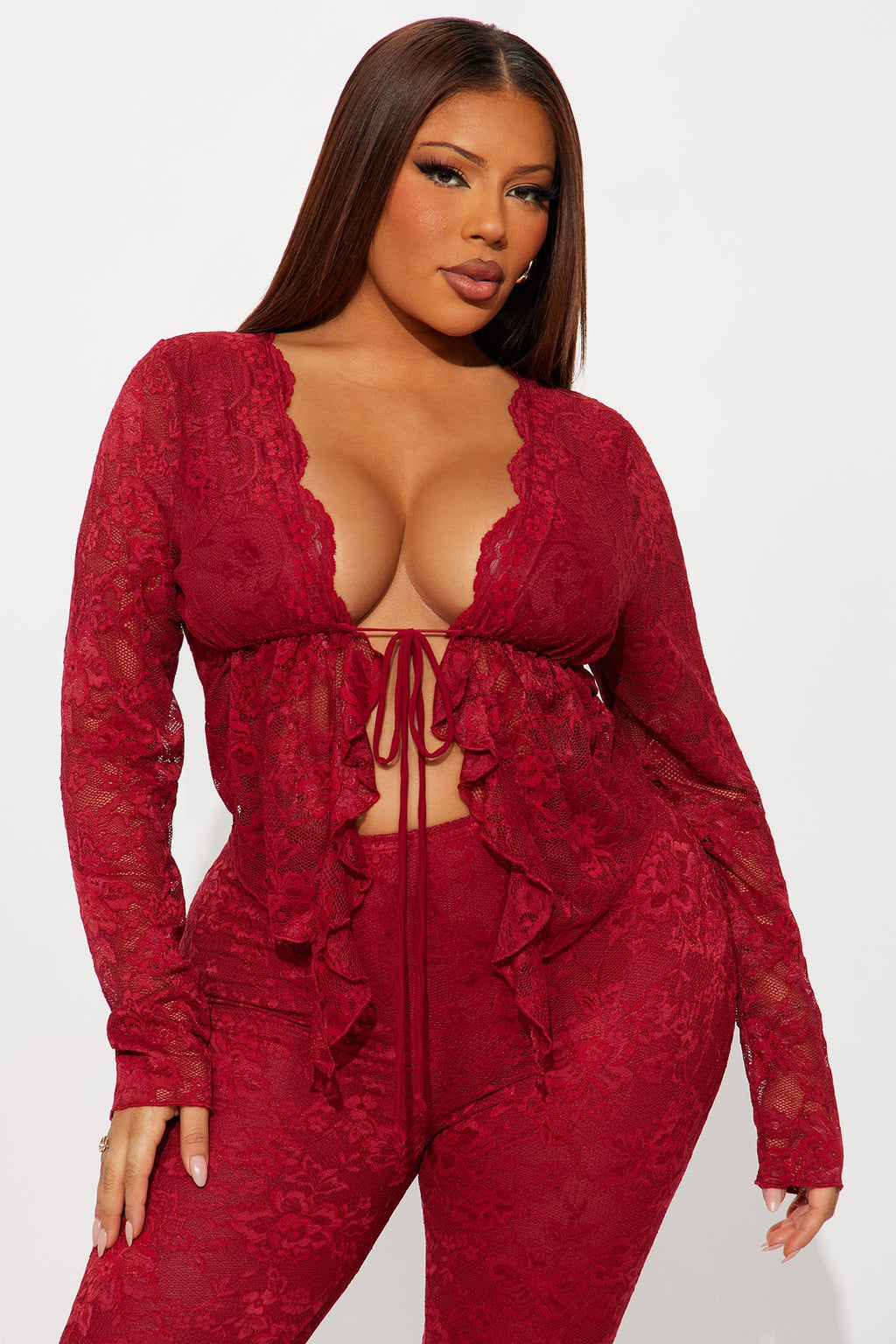 Brielle Lace Pant Set - Burgundy