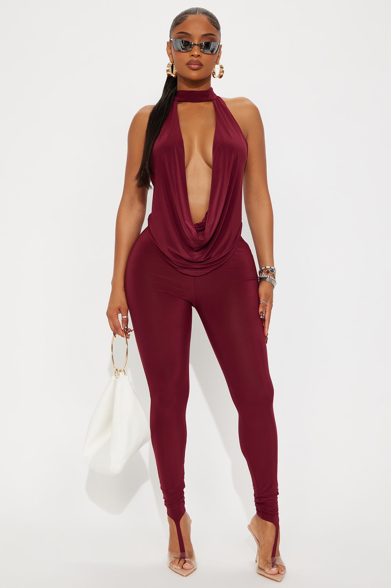 Yovanna Cowl Neck Toe Ring Pant Set - Burgundy