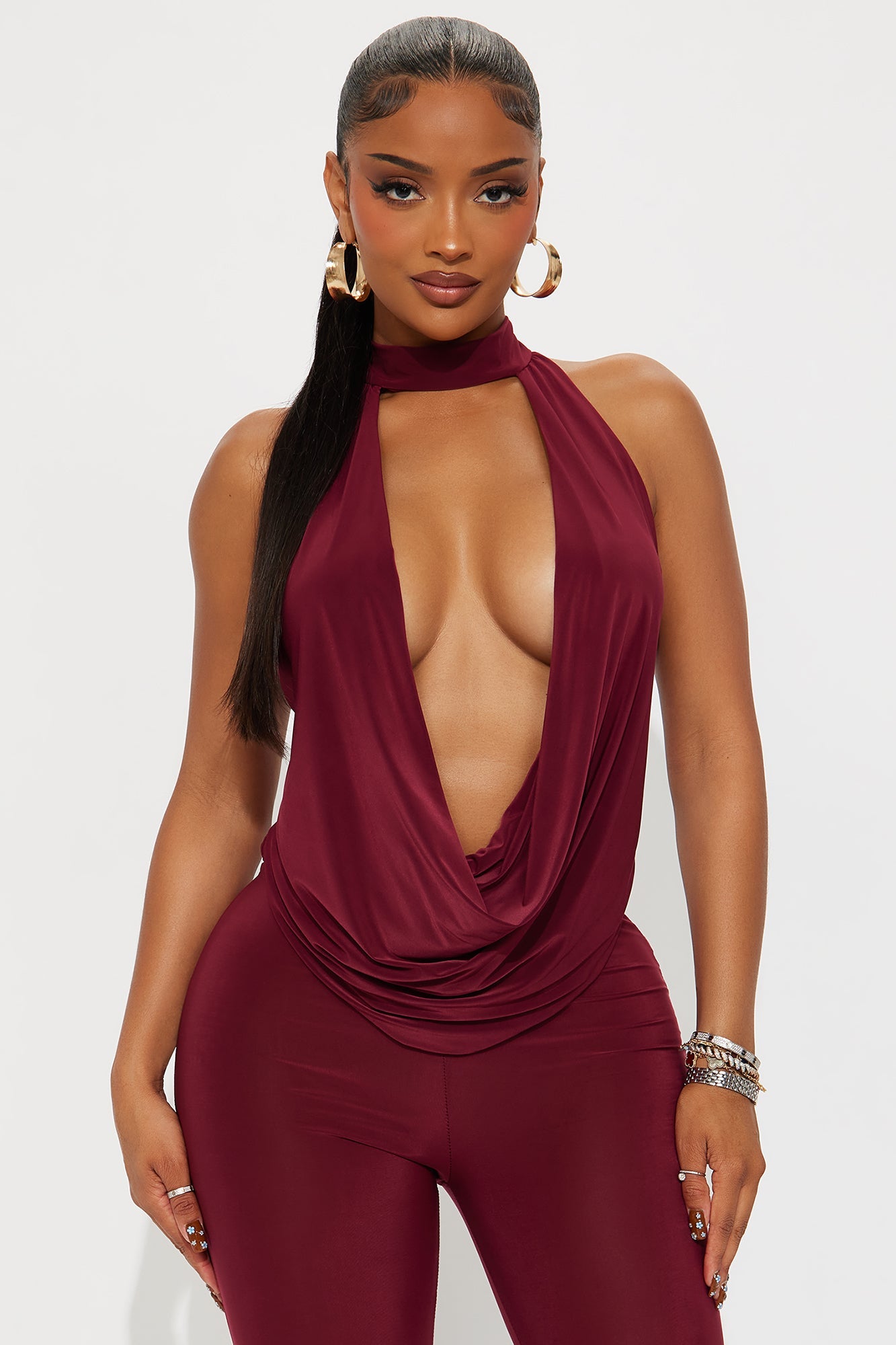 Yovanna Cowl Neck Toe Ring Pant Set - Burgundy
