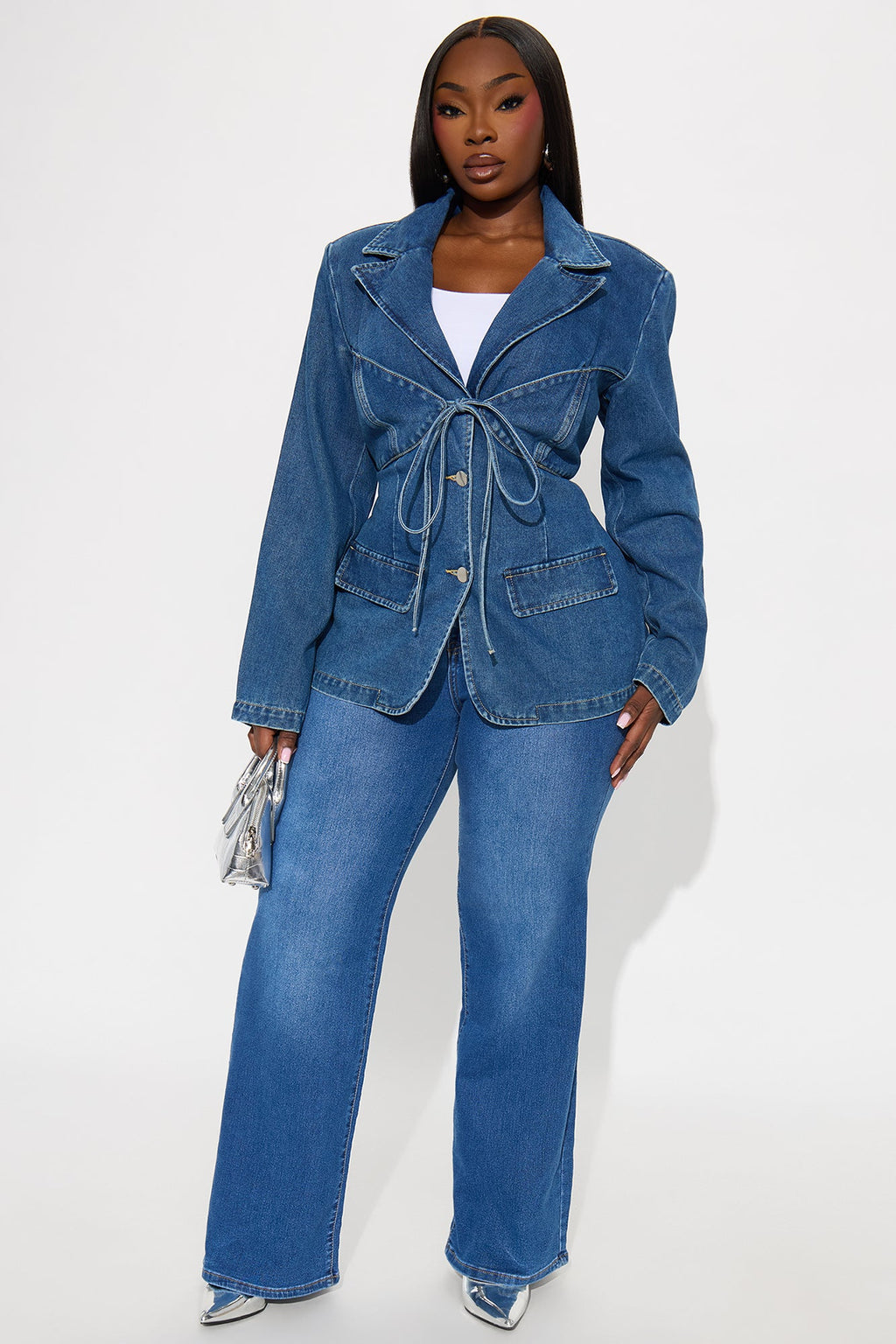 So Inspired Tie Front Denim Blazer Jacket - Medium Wash