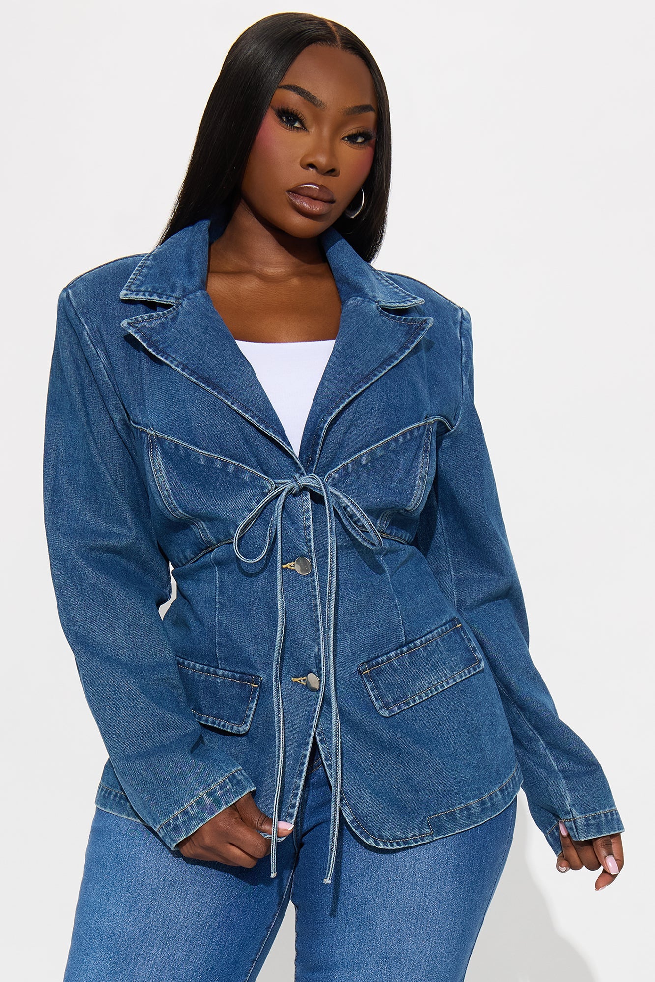 So Inspired Tie Front Denim Blazer Jacket - Medium Wash