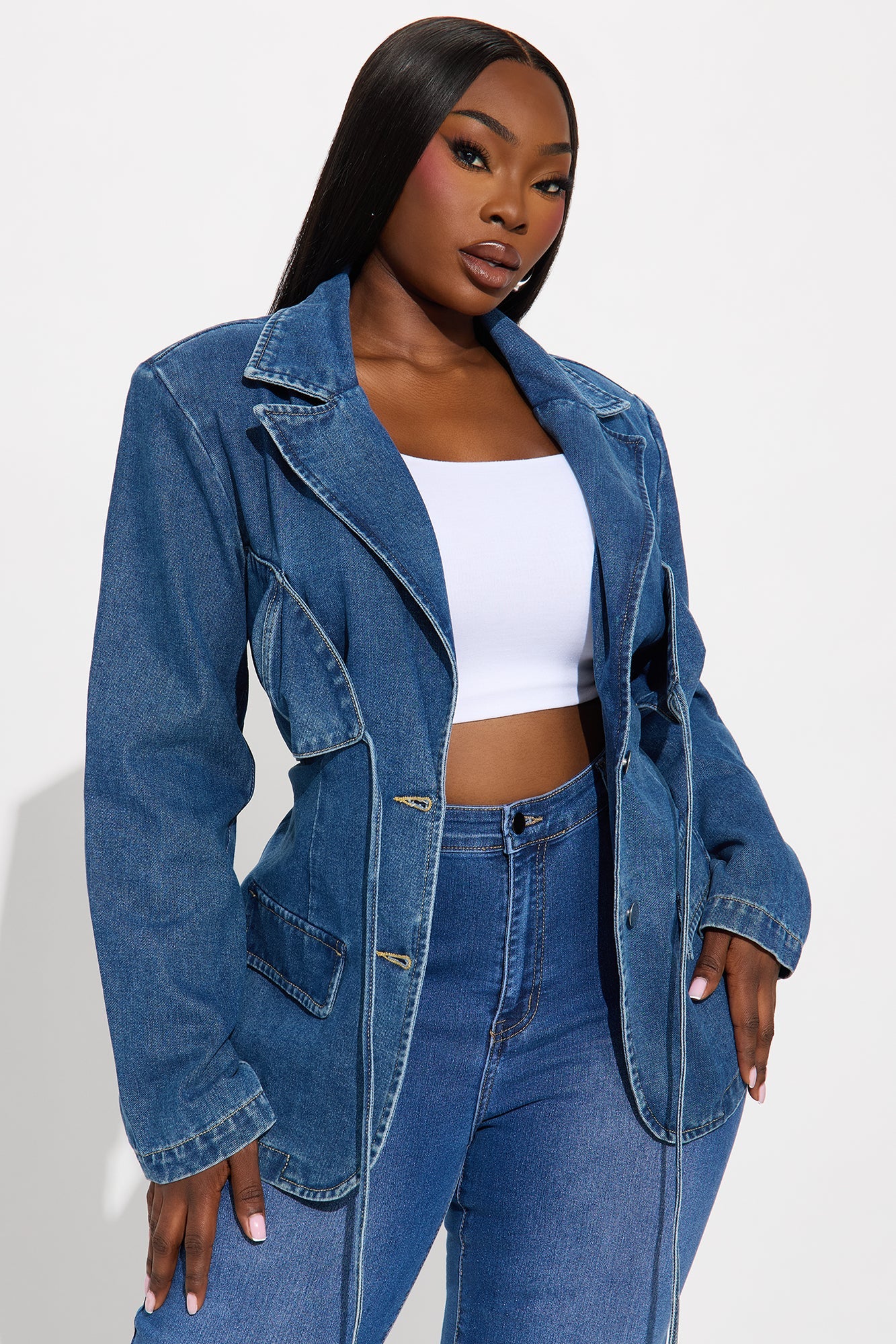 So Inspired Tie Front Denim Blazer Jacket - Medium Wash