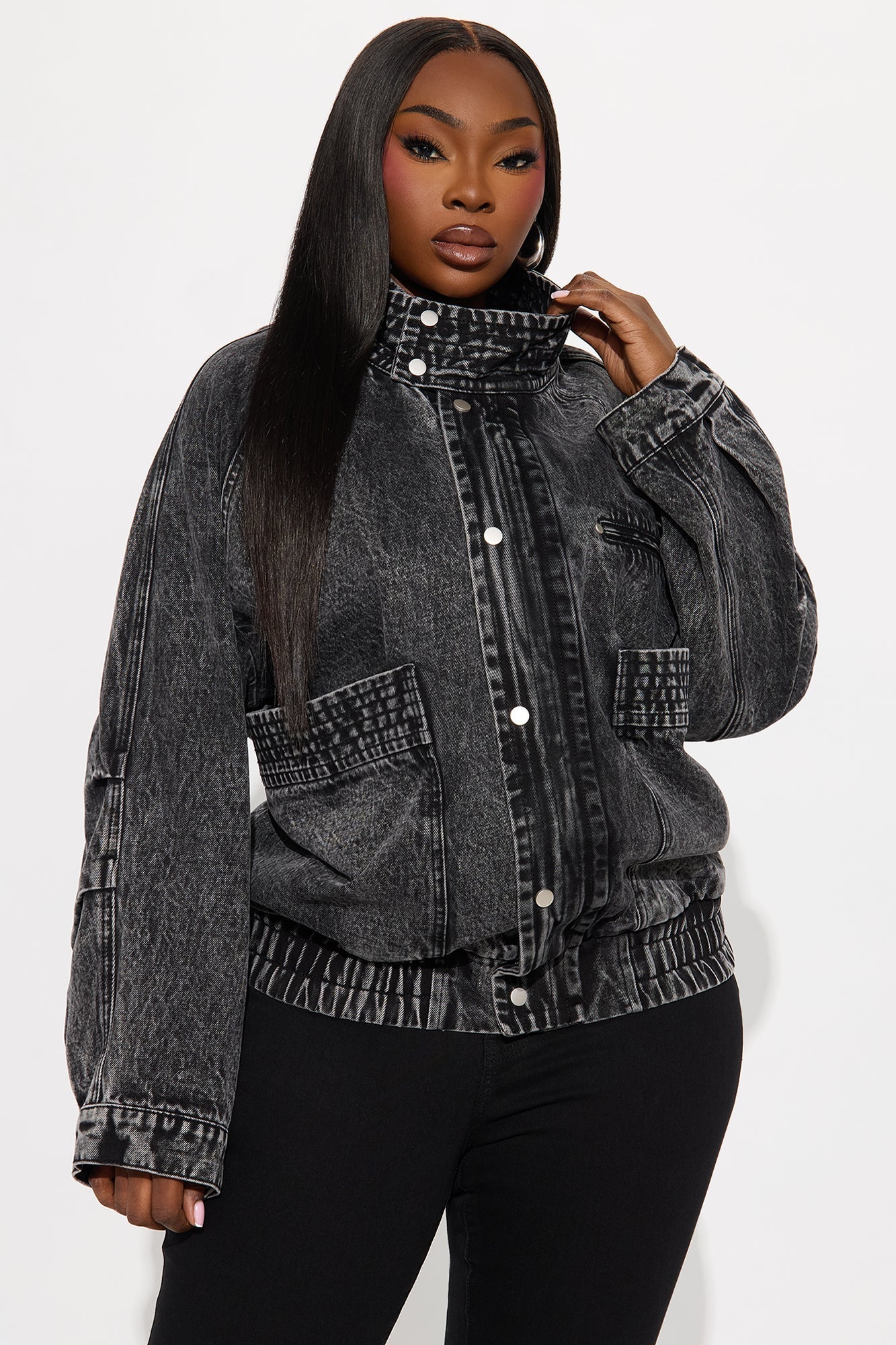 Yara Oversized Denim Bomber Jacket - Black Wash
