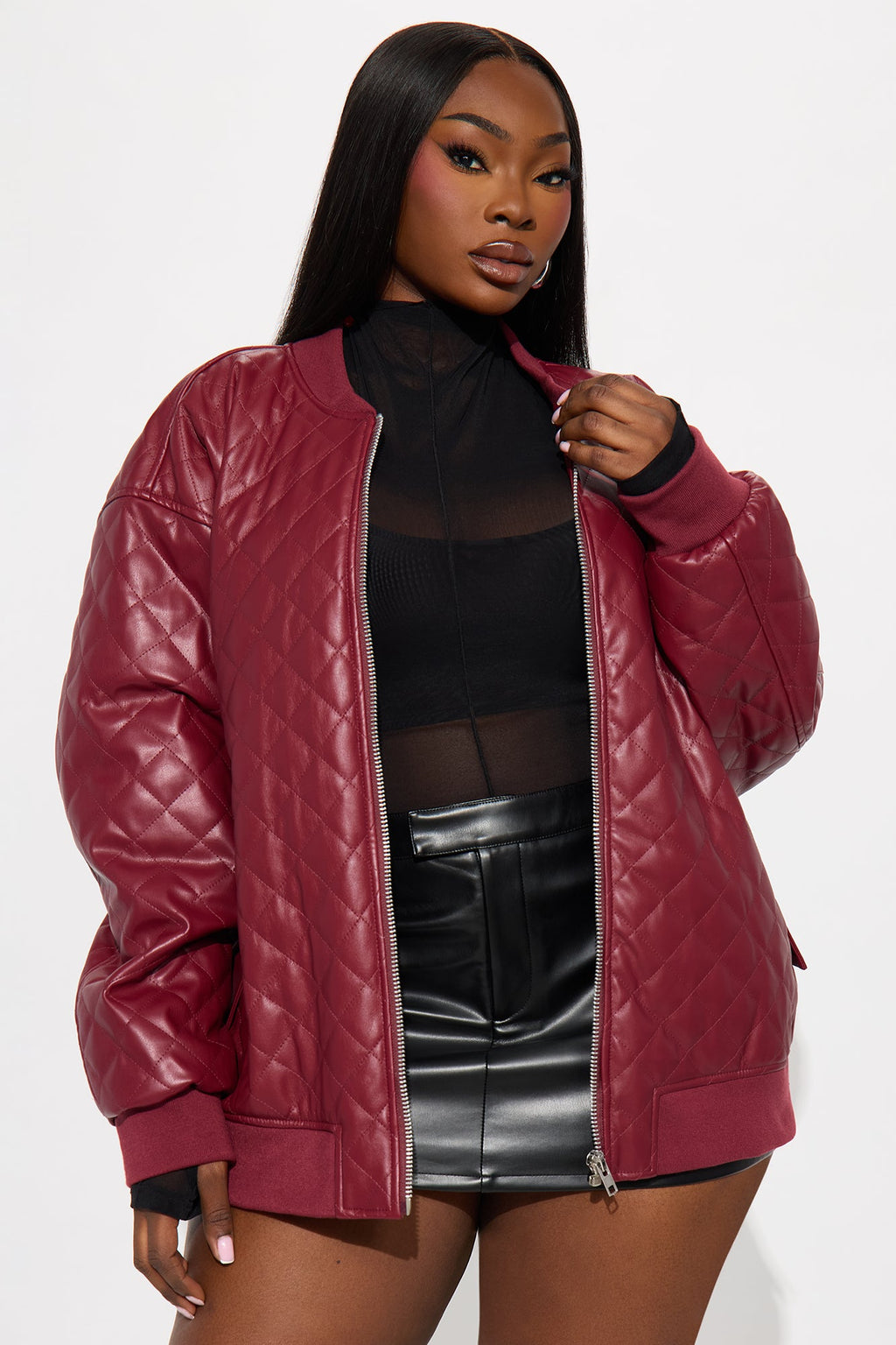 Around The Way Quilted Faux Leather Bomber Jacket - Burgundy