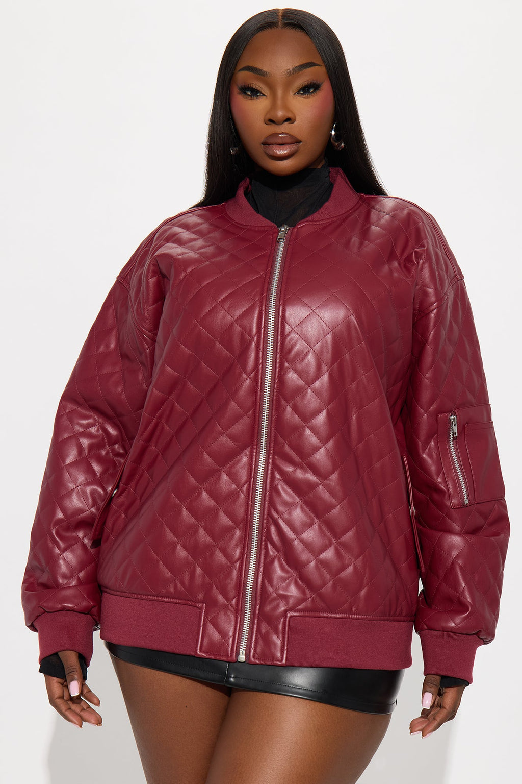Around The Way Quilted Faux Leather Bomber Jacket - Burgundy