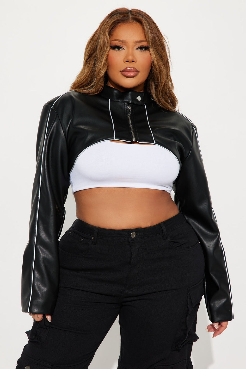 Jessie Faux Leather Cropped Bolero Jacket - Black