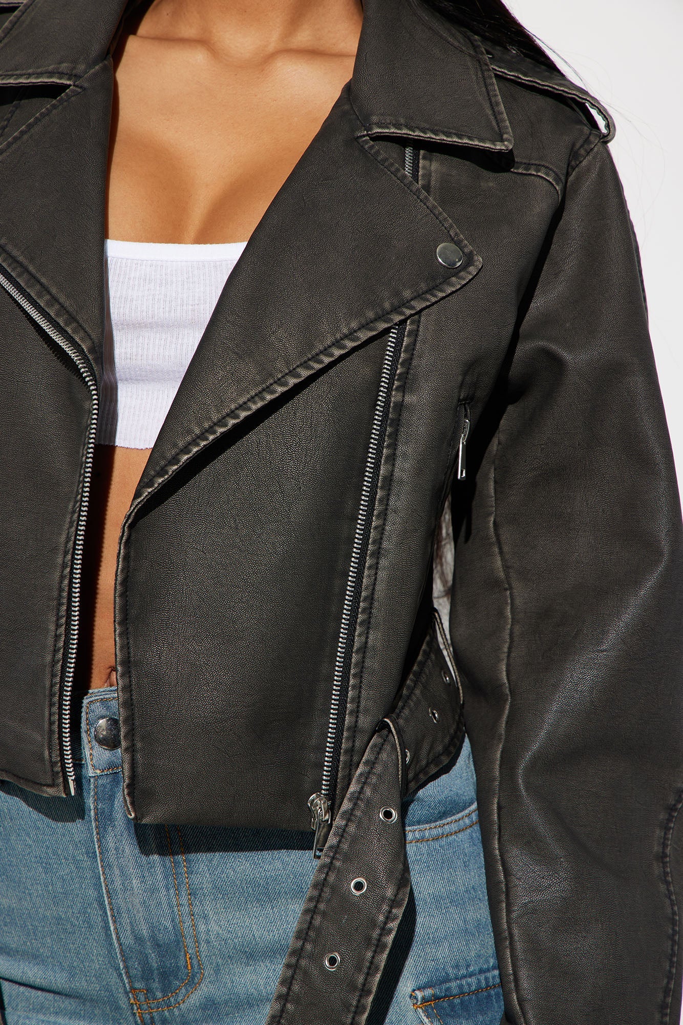 Roxi Washed Faux Leather Moto - Black