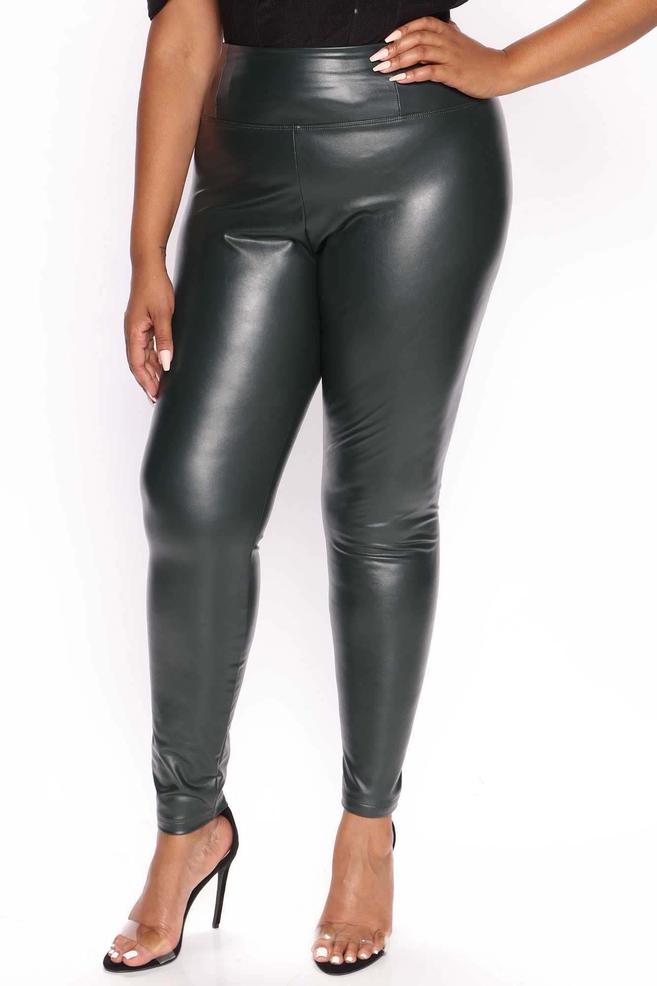 Faux Leather Tummy Tuck Leggings - Hunter Green