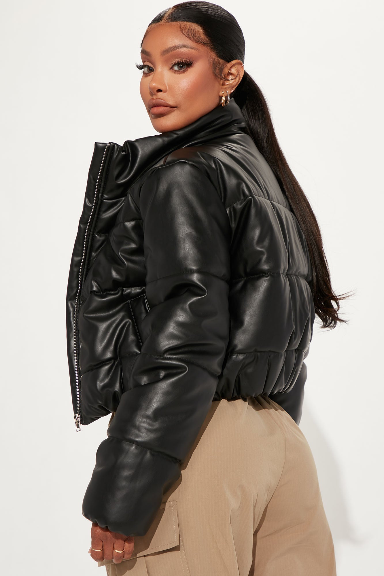 Vixen Faux Leather Puffer Jacket - Black