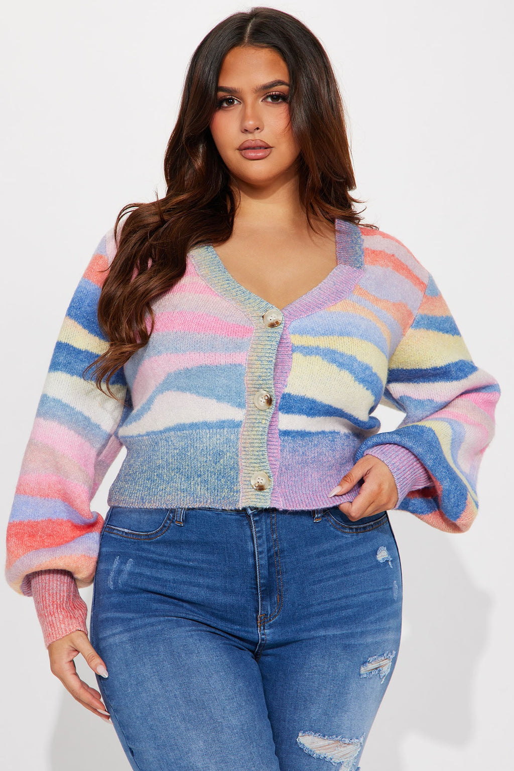 Lunar Abstract Striped Cropped Cardigan - Purple/combo
