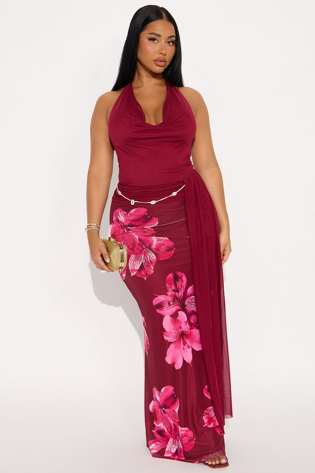 Julissa Mesh Halter Maxi Skirt Set - Wine