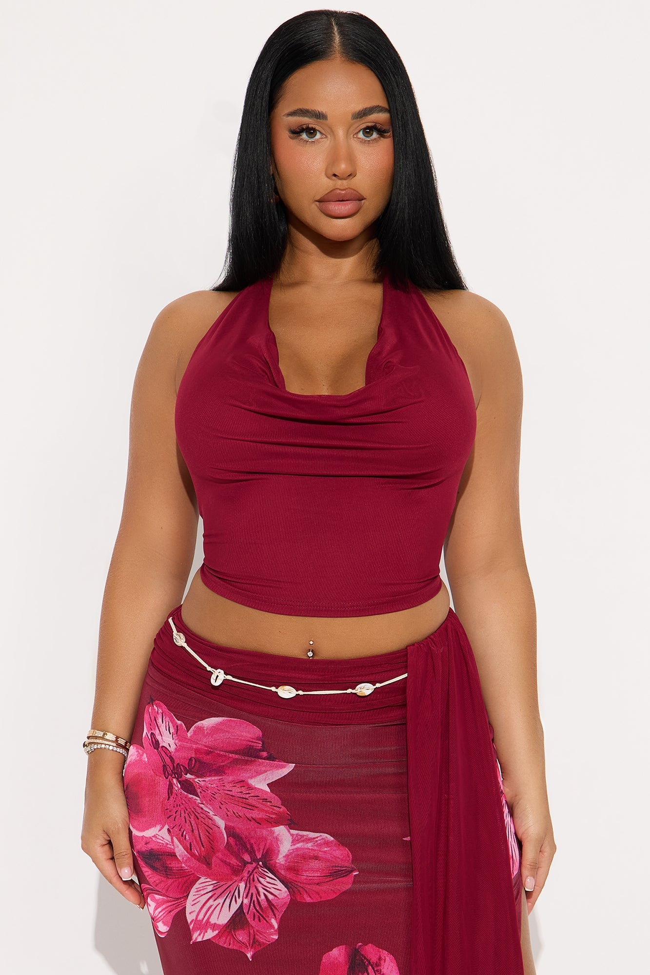 Julissa Mesh Halter Maxi Skirt Set - Wine