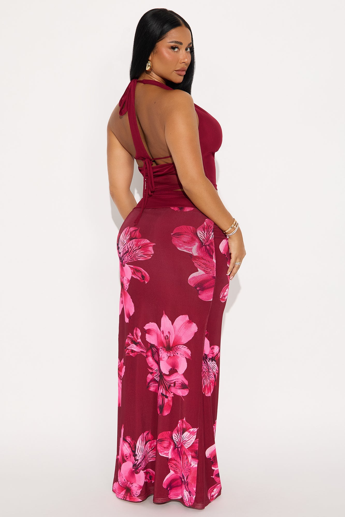 Julissa Mesh Halter Maxi Skirt Set - Wine