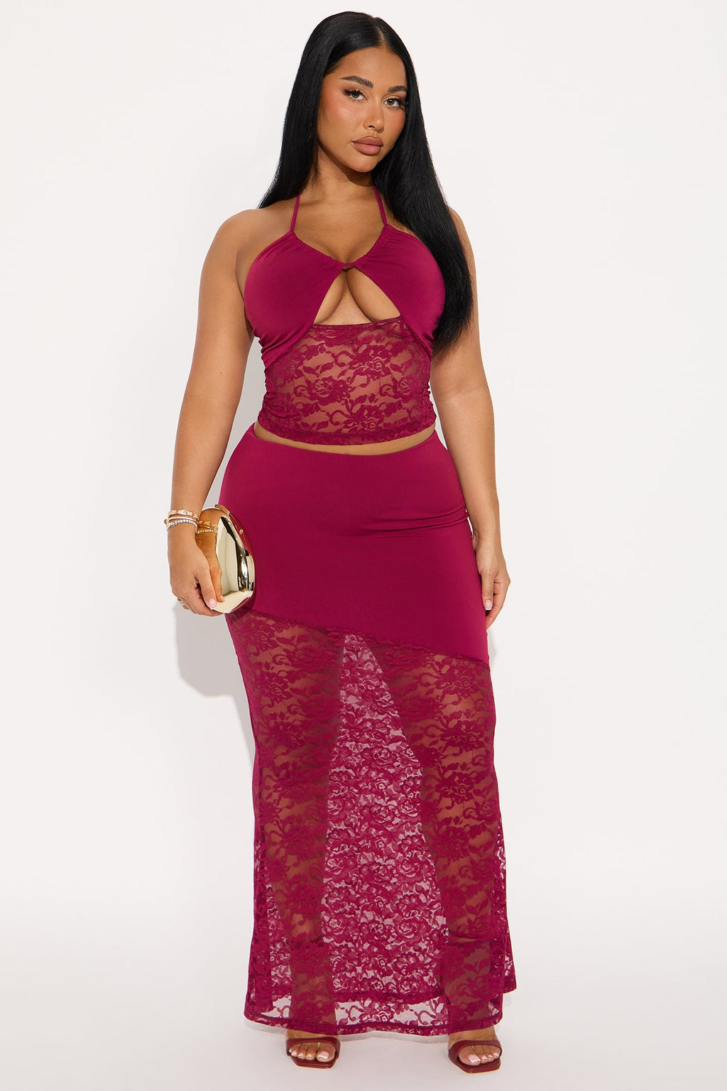 Veronica Lace Halter Maxi Skirt Set - Burgundy
