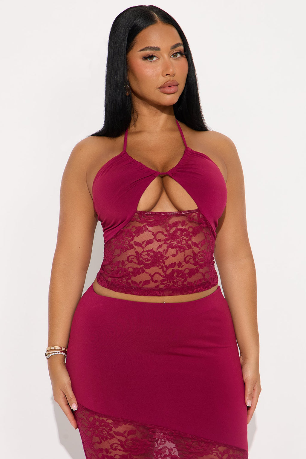 Veronica Lace Halter Maxi Skirt Set - Burgundy