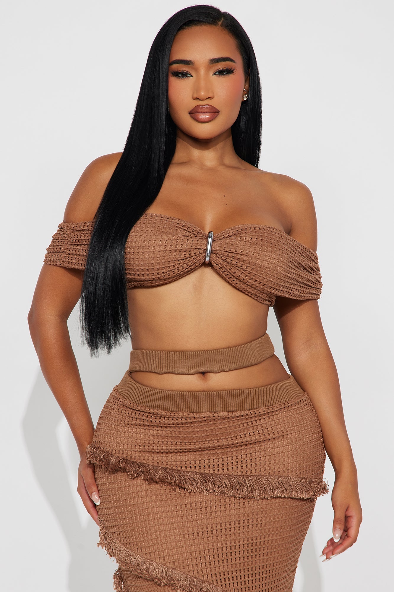 Fringe With Benefits Crochet Skirt Set - Brown