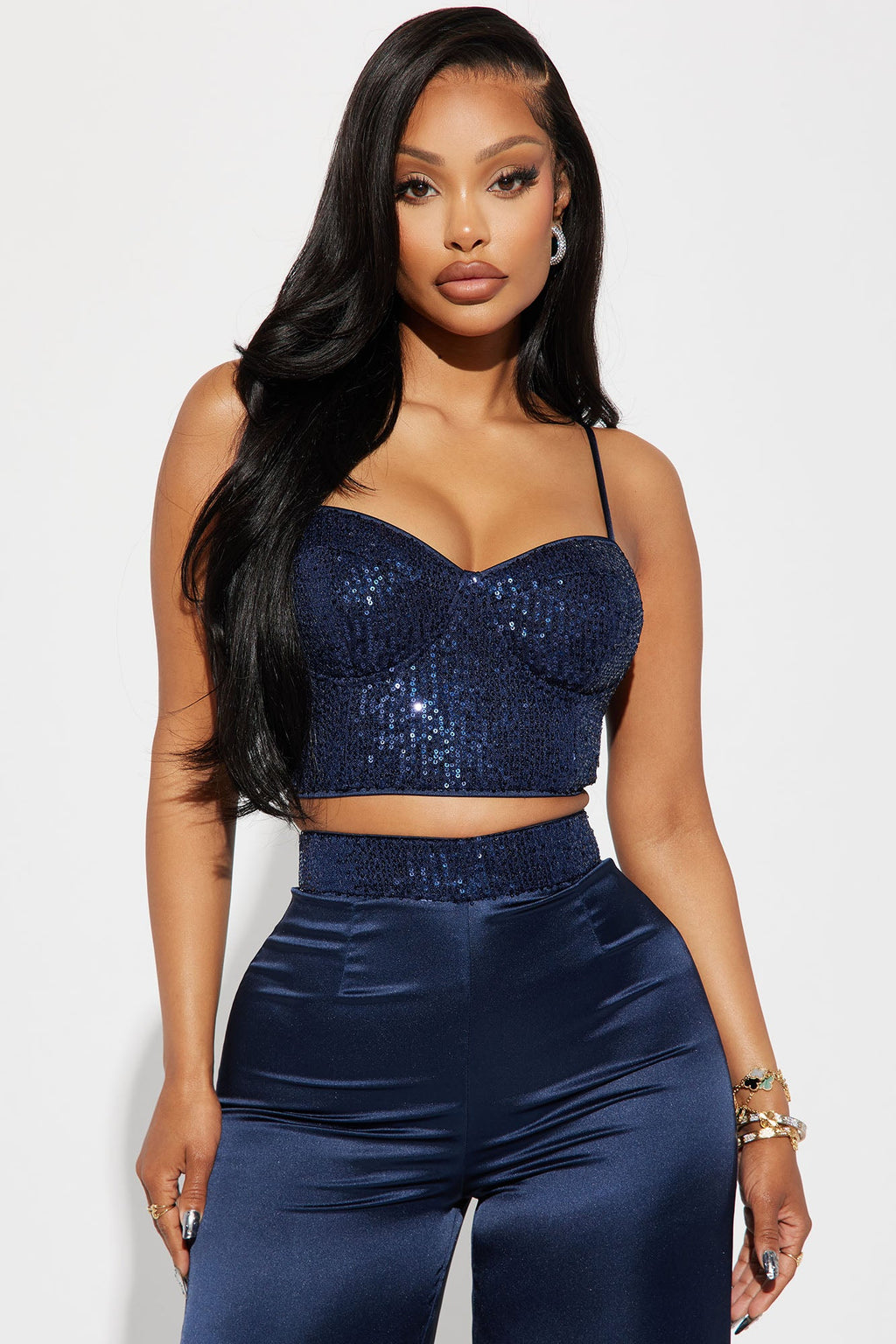 Full Of Sparkle Satin Pant Set - Navy