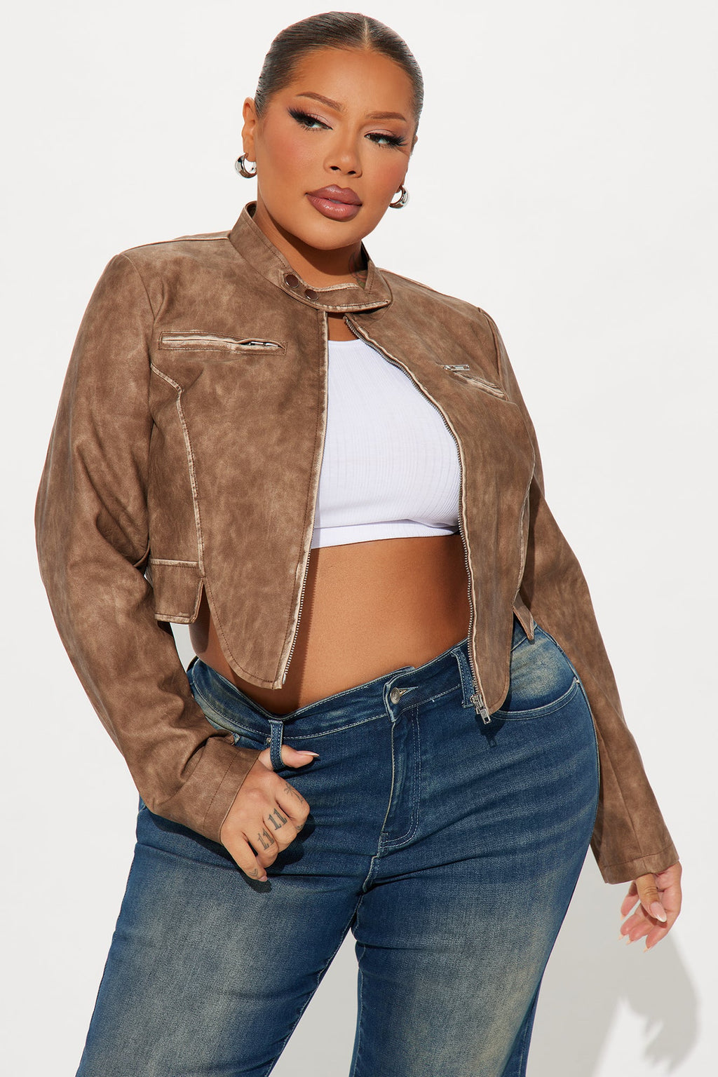 Ines Washed Faux Leather Jacket - Taupe