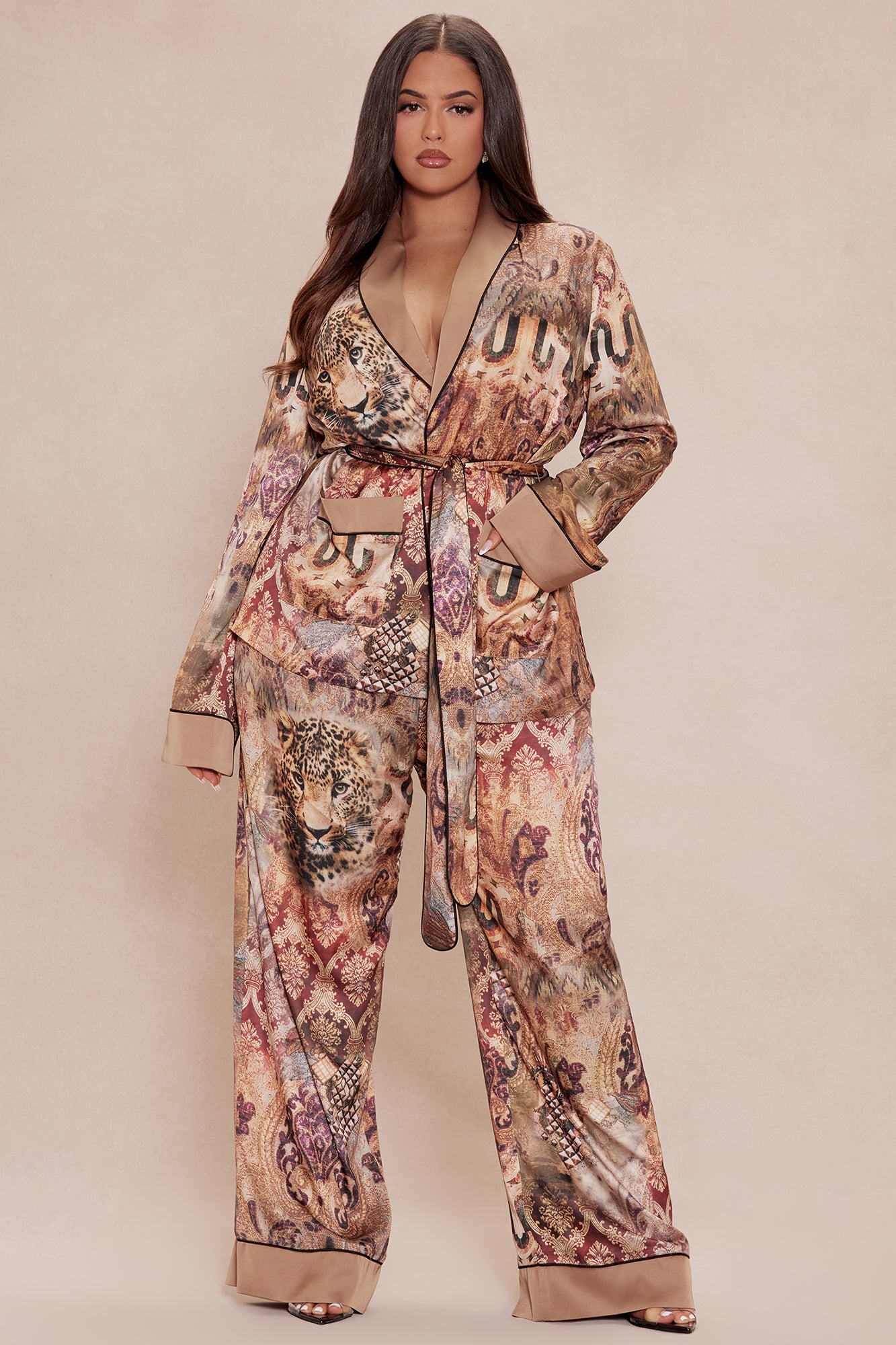 Leah Satin Pant Set - Nude/combo