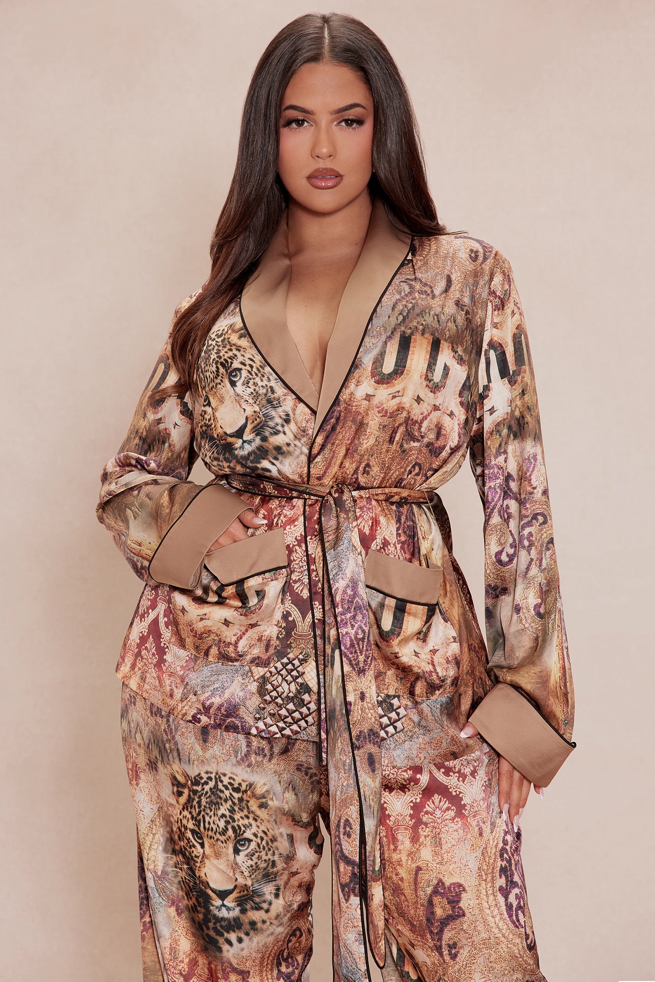 Leah Satin Pant Set - Nude/combo