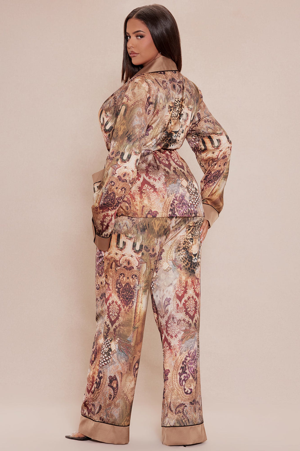 Leah Satin Pant Set - Nude/combo