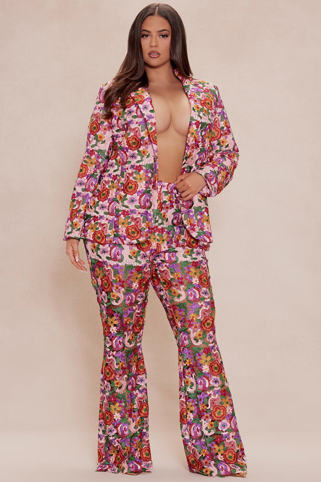 Aubrey Floral Lace Trouser Pant - Pink/combo