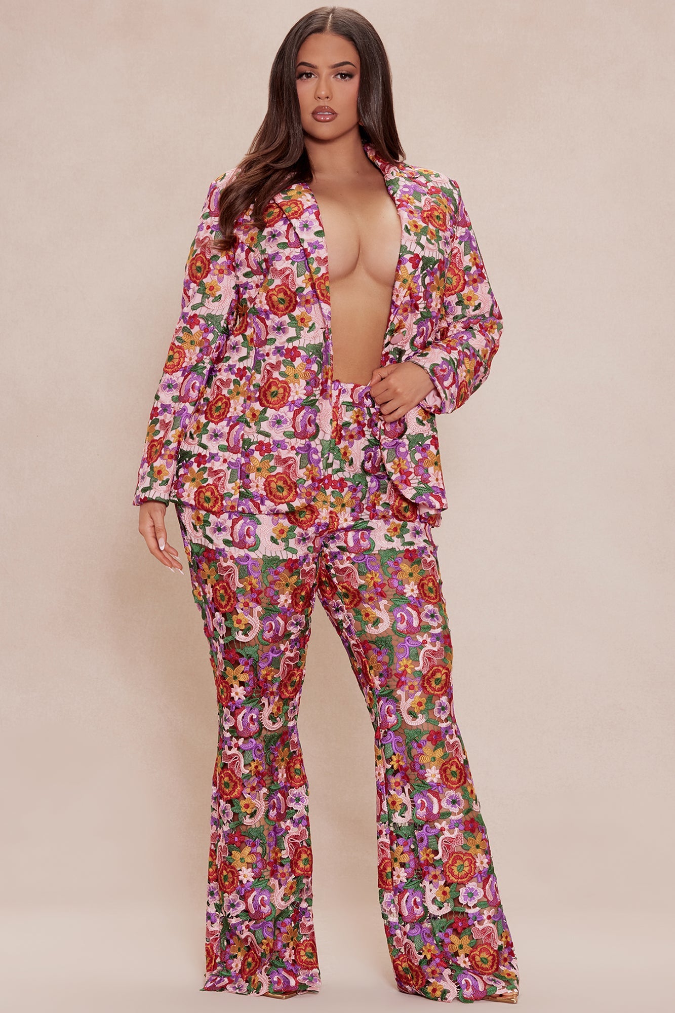 Aubrey Floral Lace Trouser Pant - Pink/combo