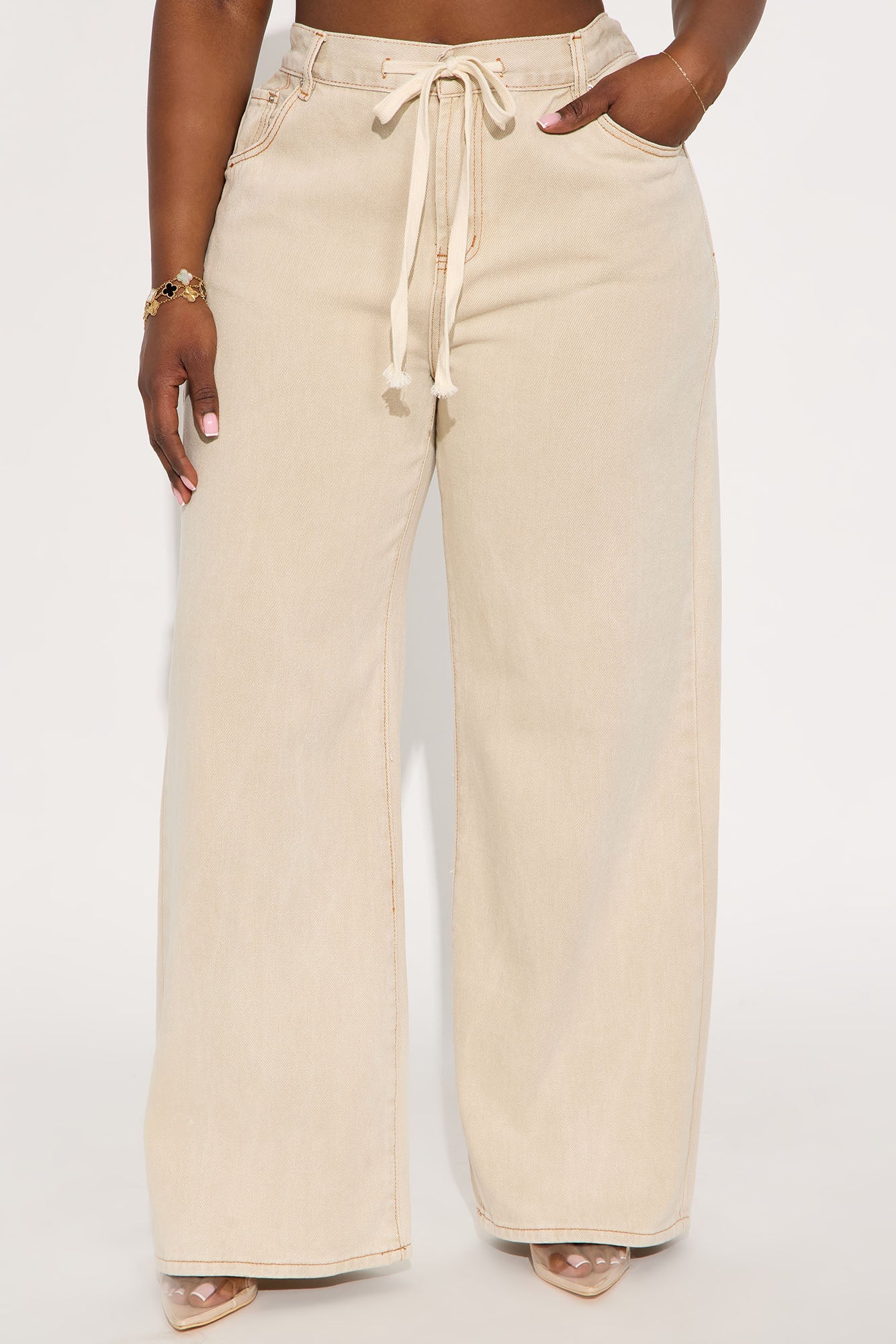Laguna Tie Waist Wide Leg Jeans - Khaki