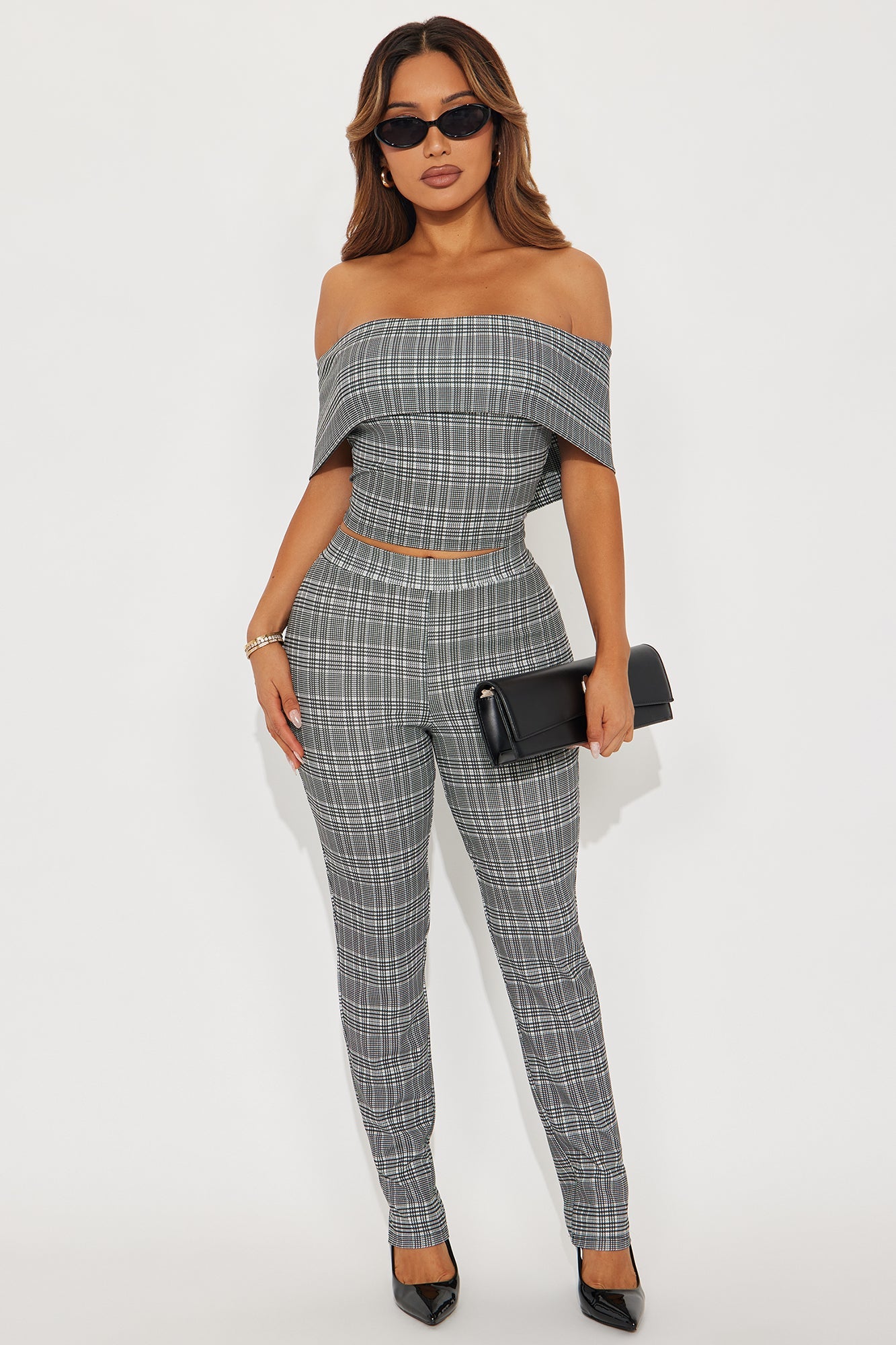 Payton Off Shoulder Plaid Pant Set - Black/combo