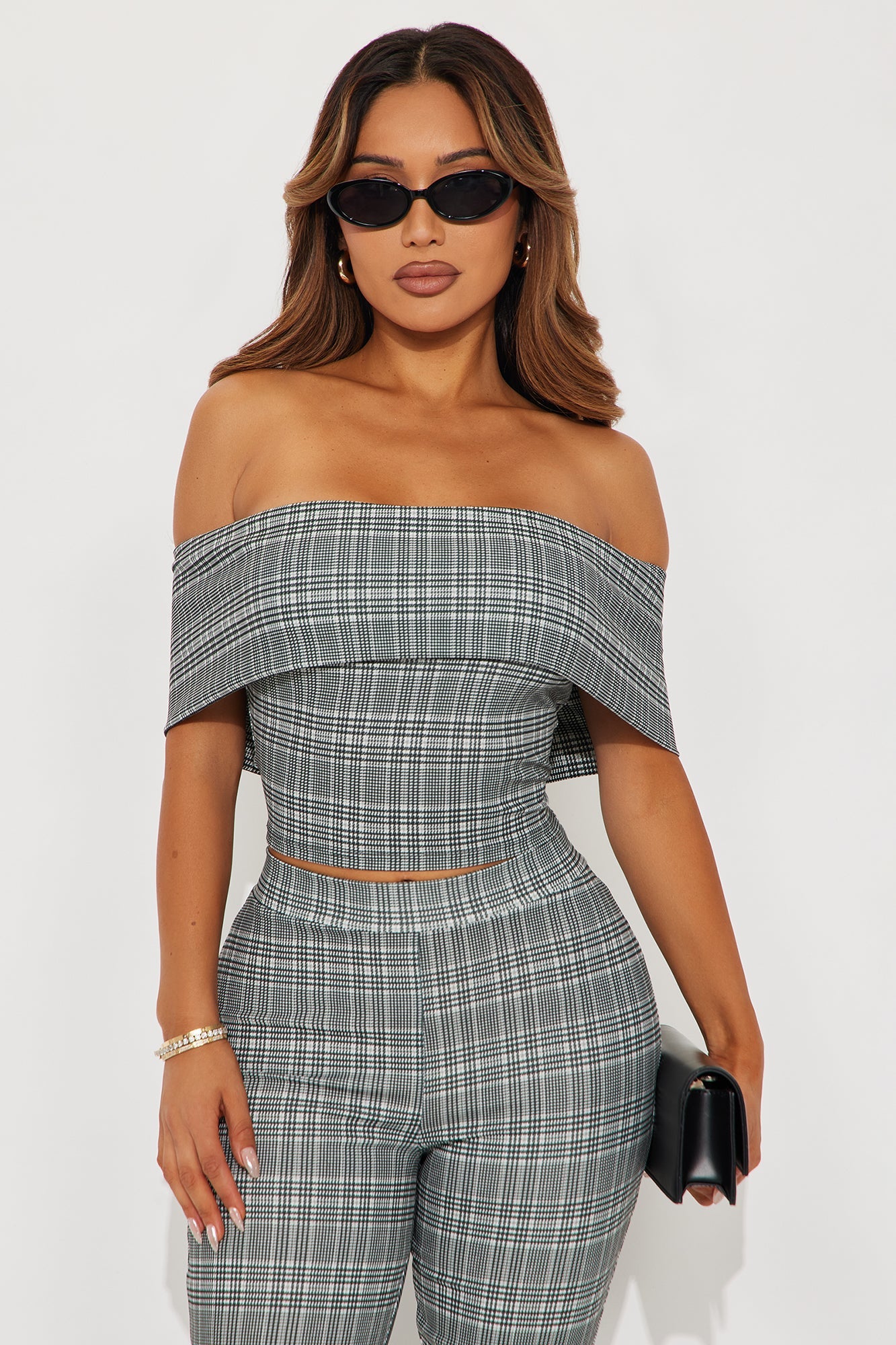 Payton Off Shoulder Plaid Pant Set - Black/combo