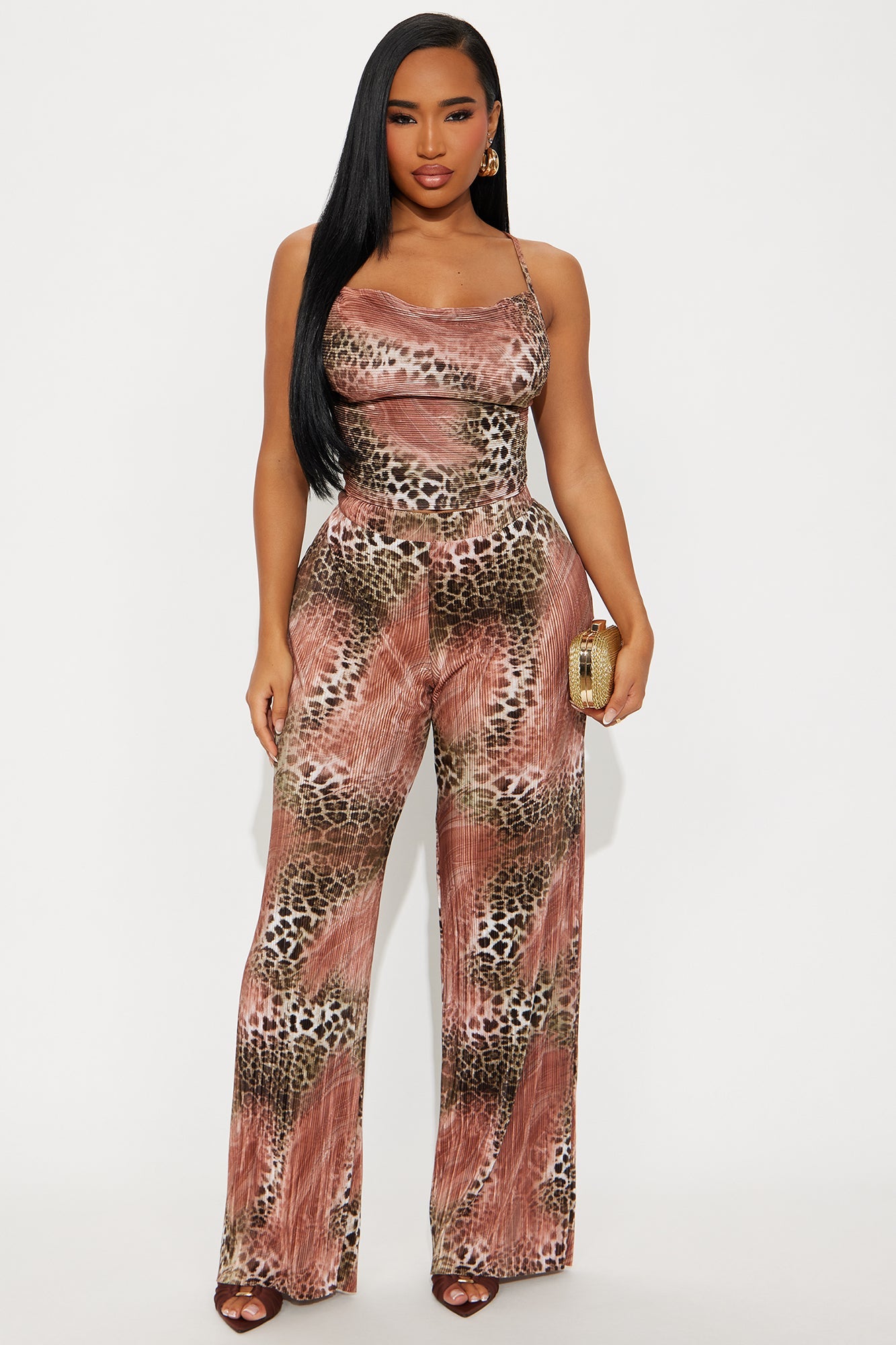 Earn My Trust Leopard Plisse Pant Set - Mauve/combo