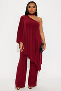 Draped Devotion One Shoulder Pant Set  - Burgundy