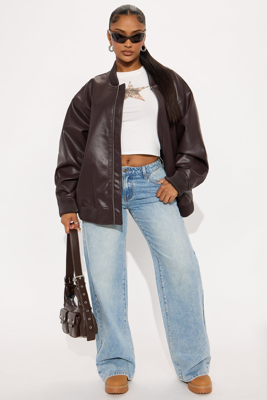 Gabrielle Faux Leather Bomber Jacket - Chocolate