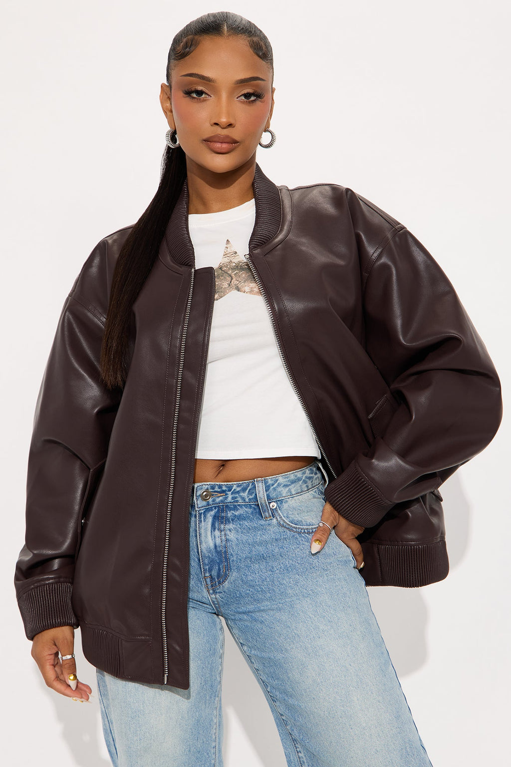 Gabrielle Faux Leather Bomber Jacket - Chocolate