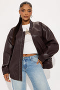Gabrielle Faux Leather Bomber Jacket - Chocolate