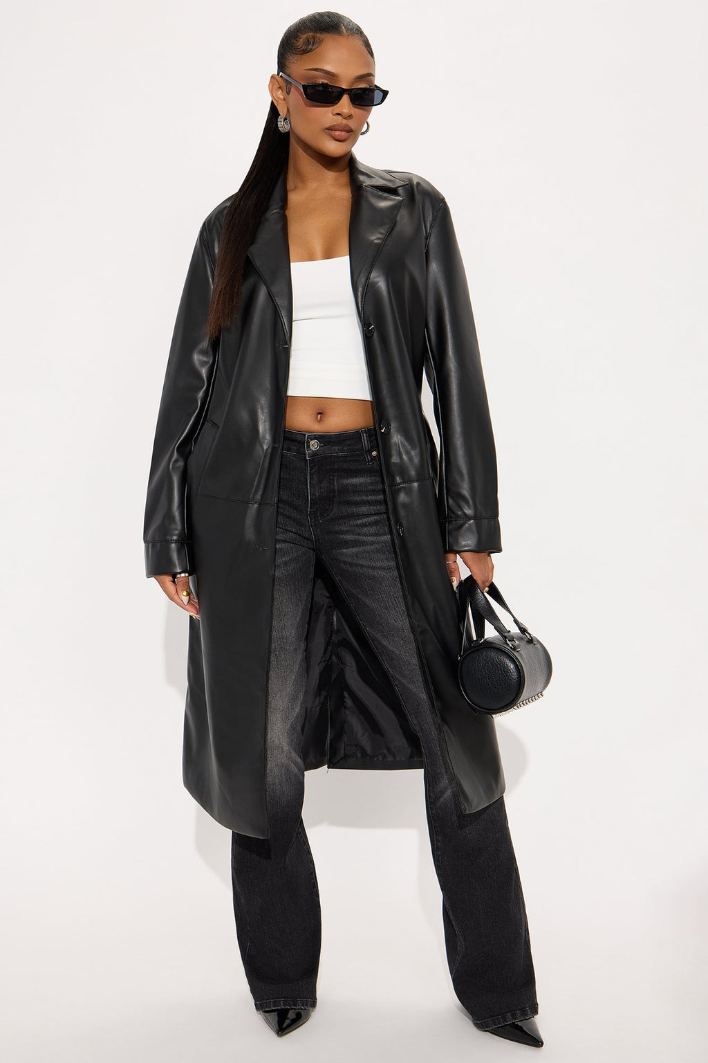 Camila Belted Faux Leather Trench - Black