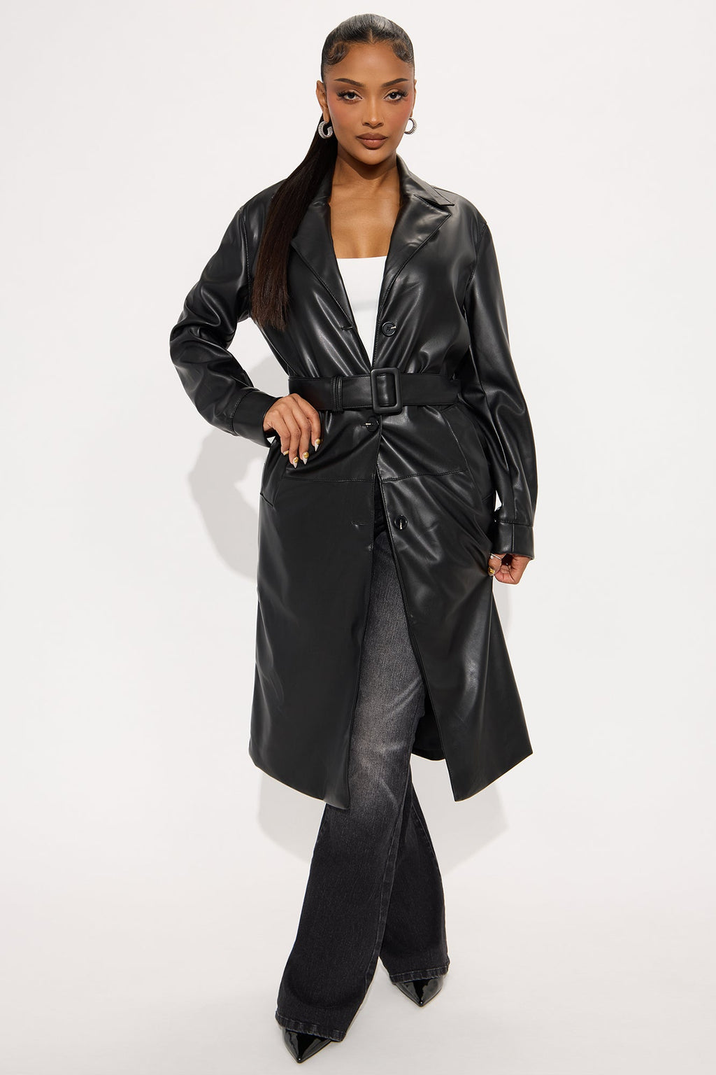 Camila Belted Faux Leather Trench - Black