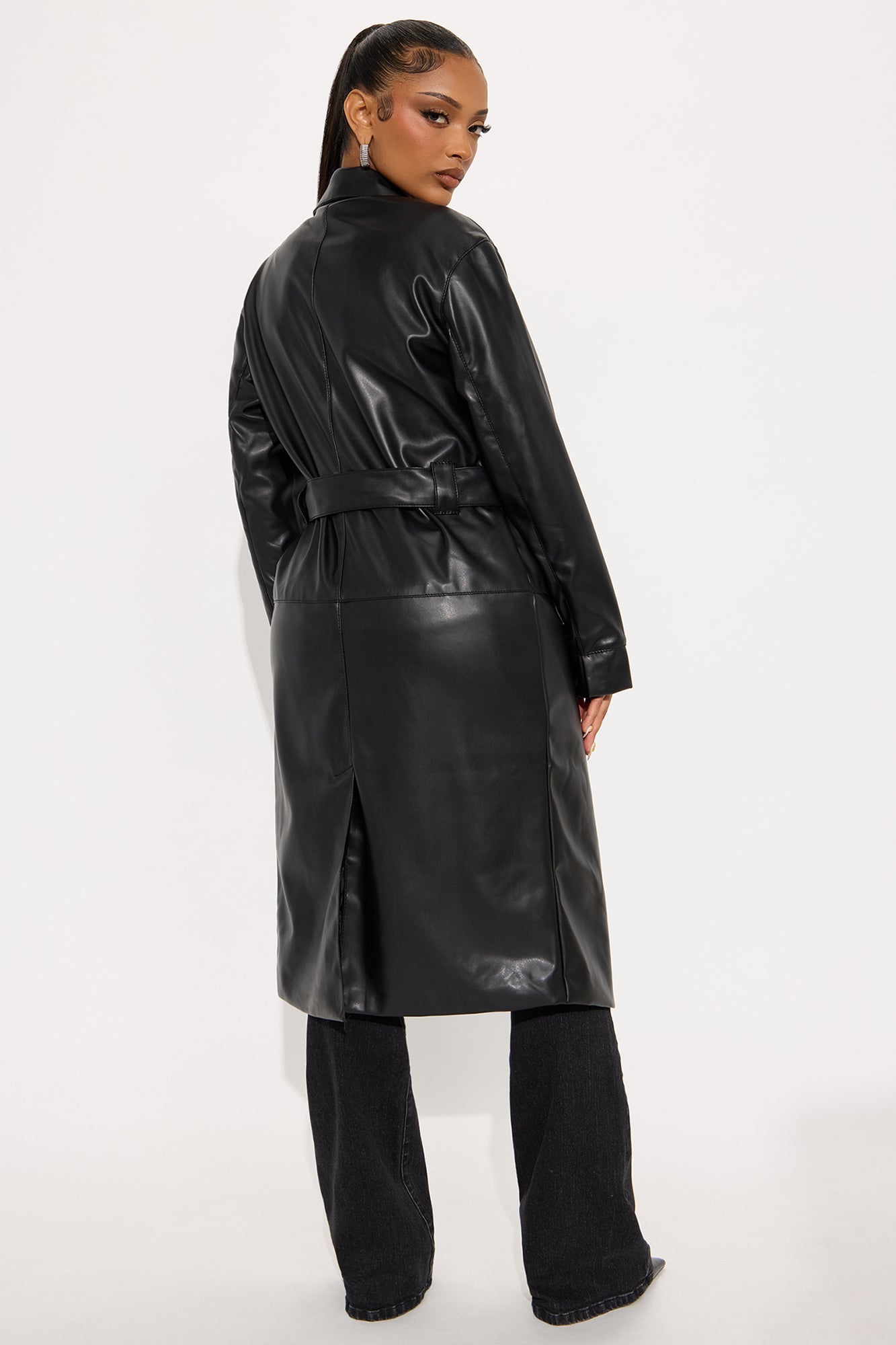 Camila Belted Faux Leather Trench - Black