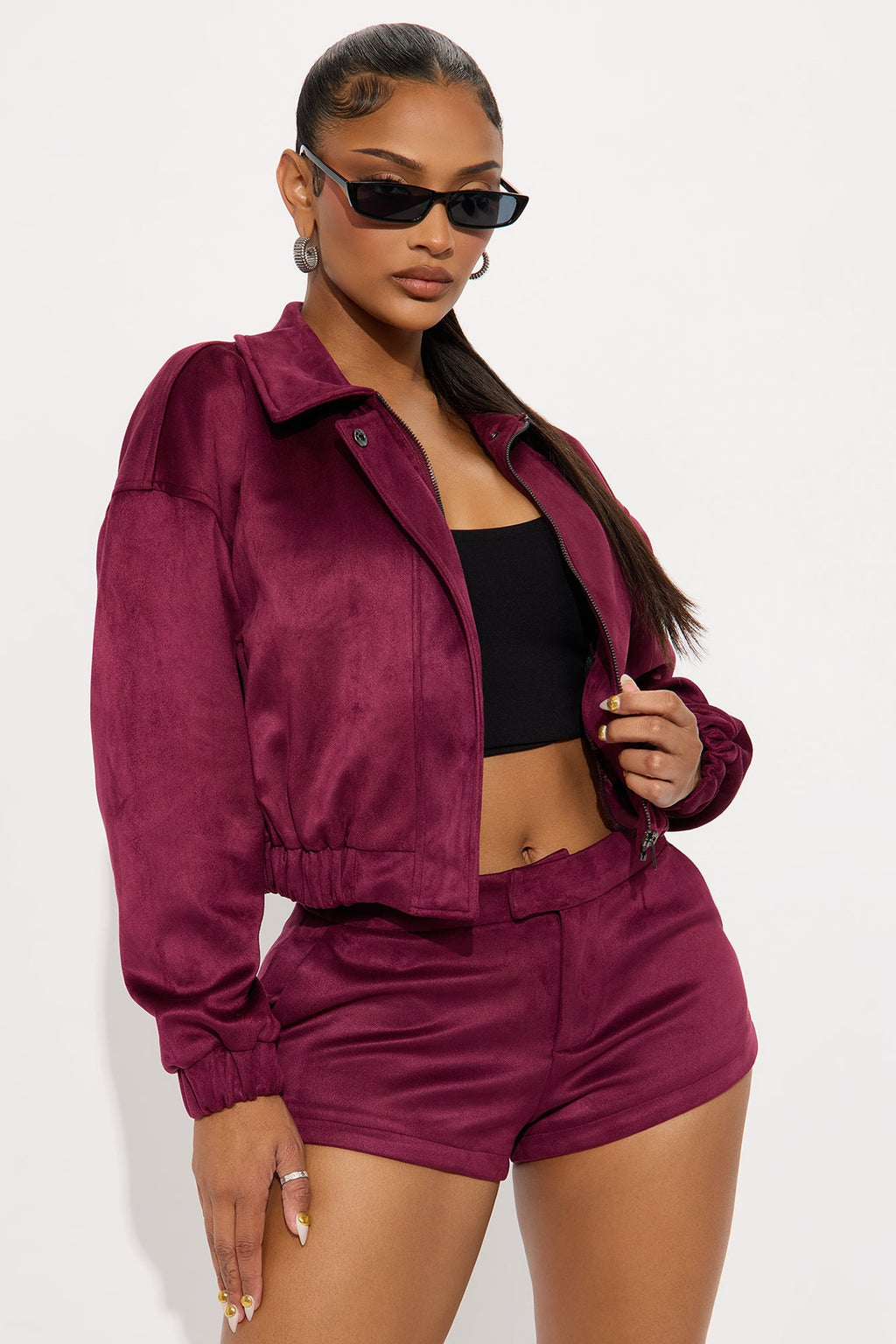 Amina Faux Suede Bomber Jacket - Wine