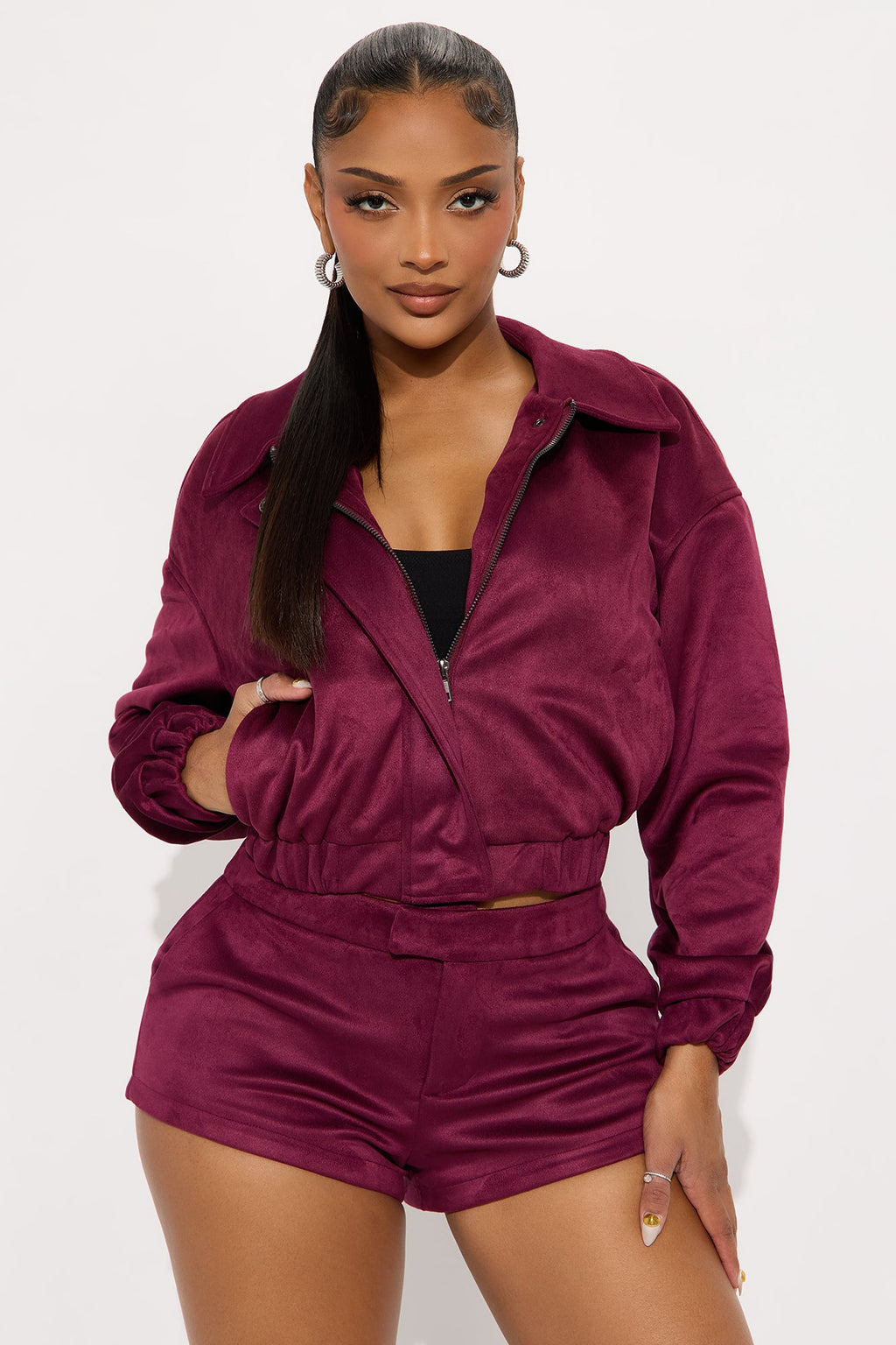 Amina Faux Suede Bomber Jacket - Wine