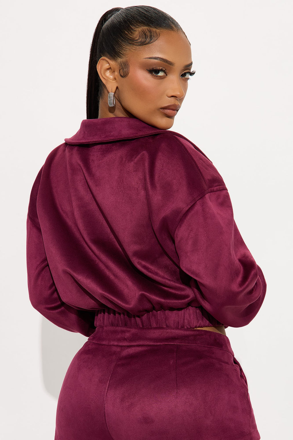 Amina Faux Suede Bomber Jacket - Wine