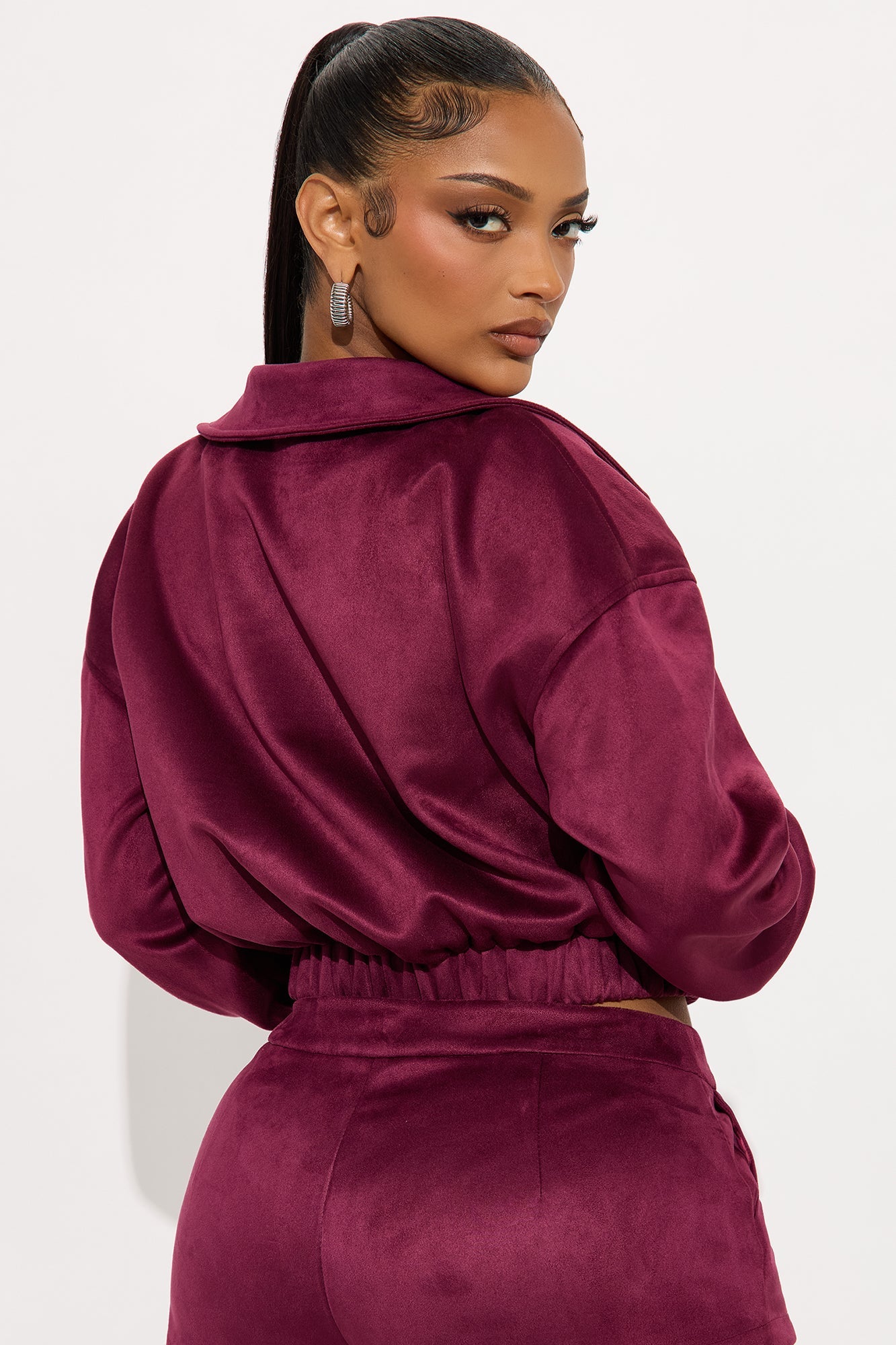 Amina Faux Suede Bomber Jacket - Wine