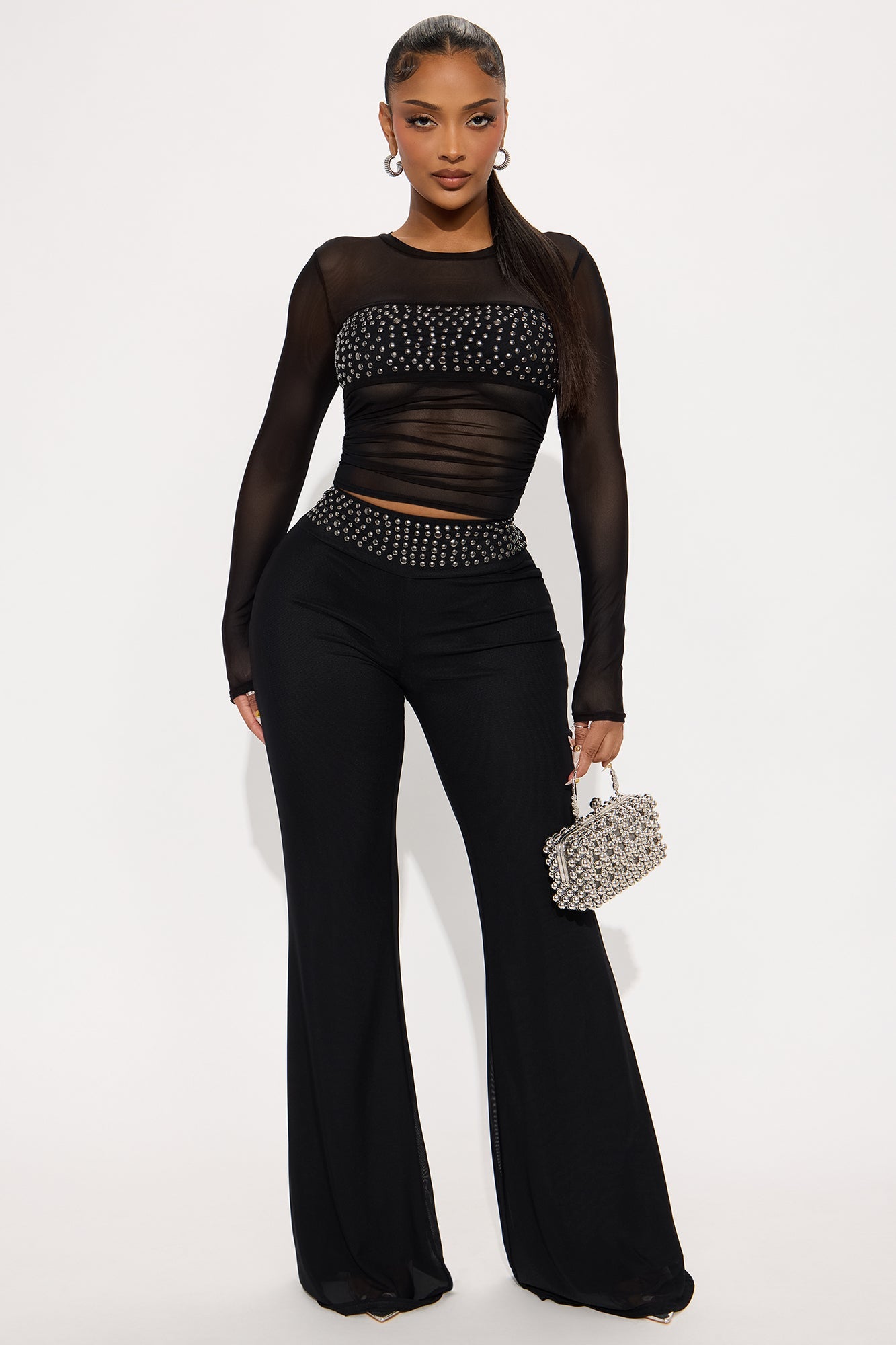 Mind Over Matter Studded Mesh Pant Set - Black