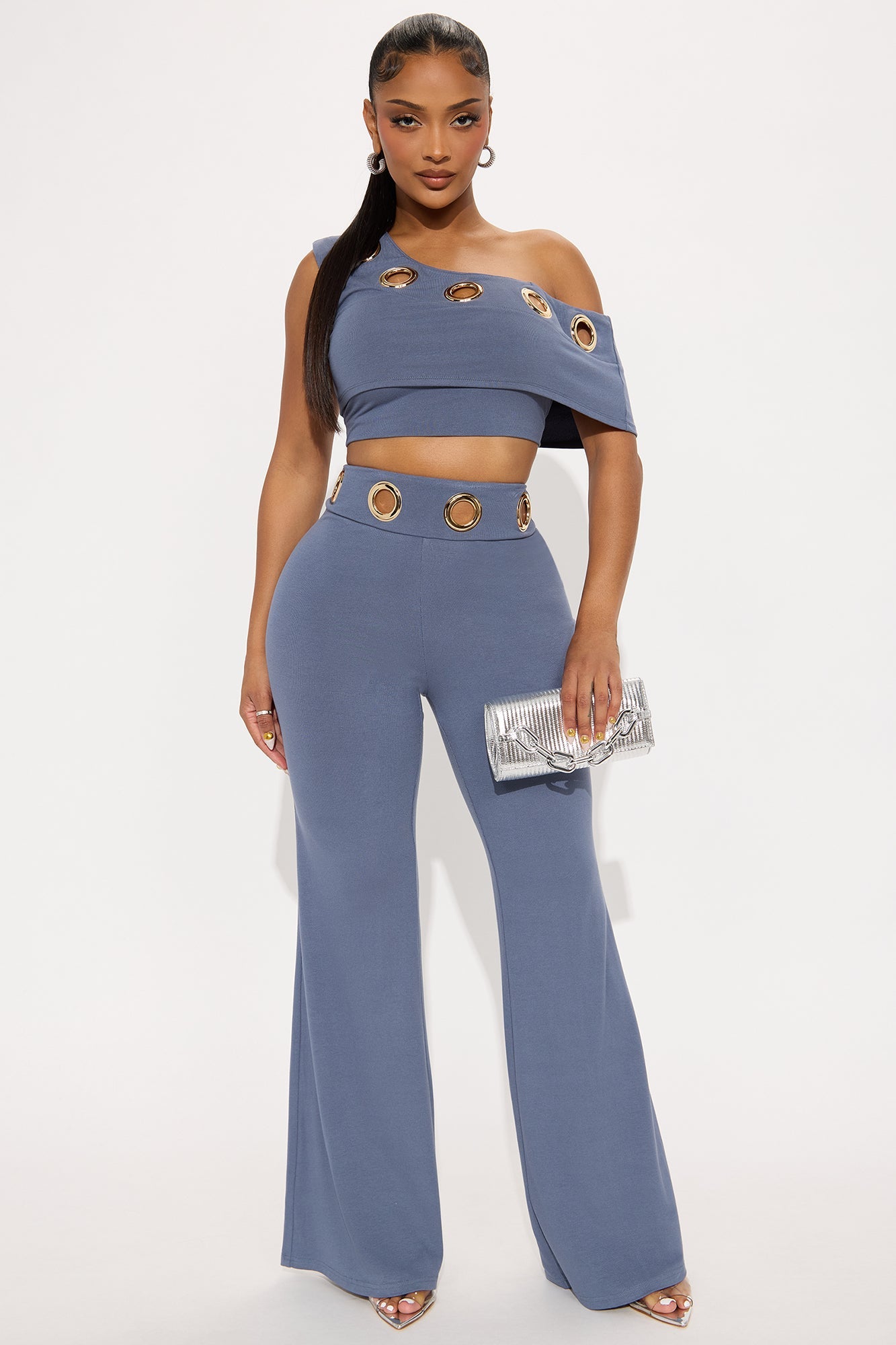 Lia Off Shoulder Grommet Pant Set - Slate Blue
